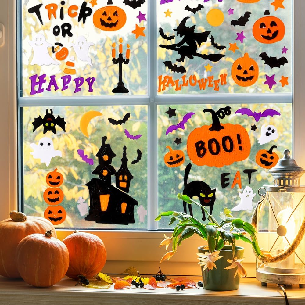 6 Sheets Halloween Gel Window Clings,Happy Halloween Pumpkins Witch
