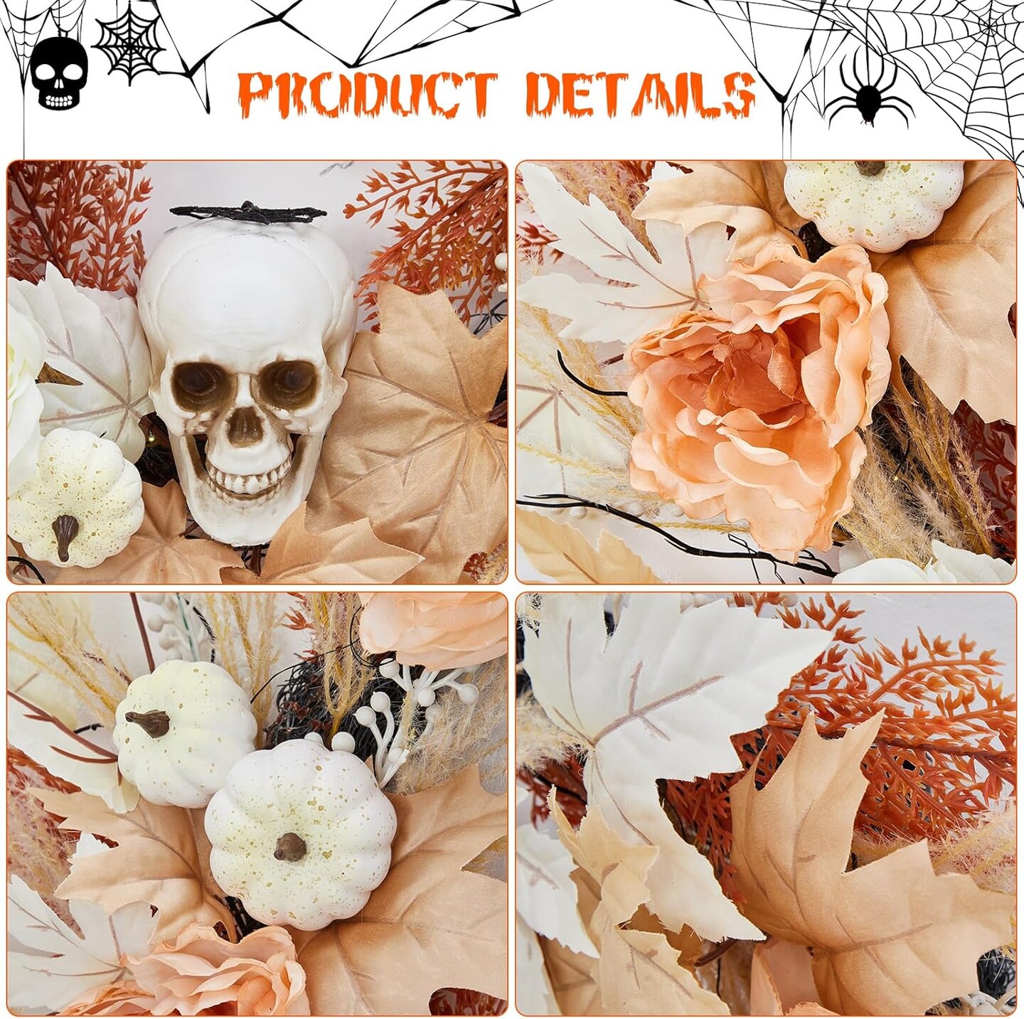 22 Inch Halloween Skull Wreath with Lights, White Pumpkins Roses