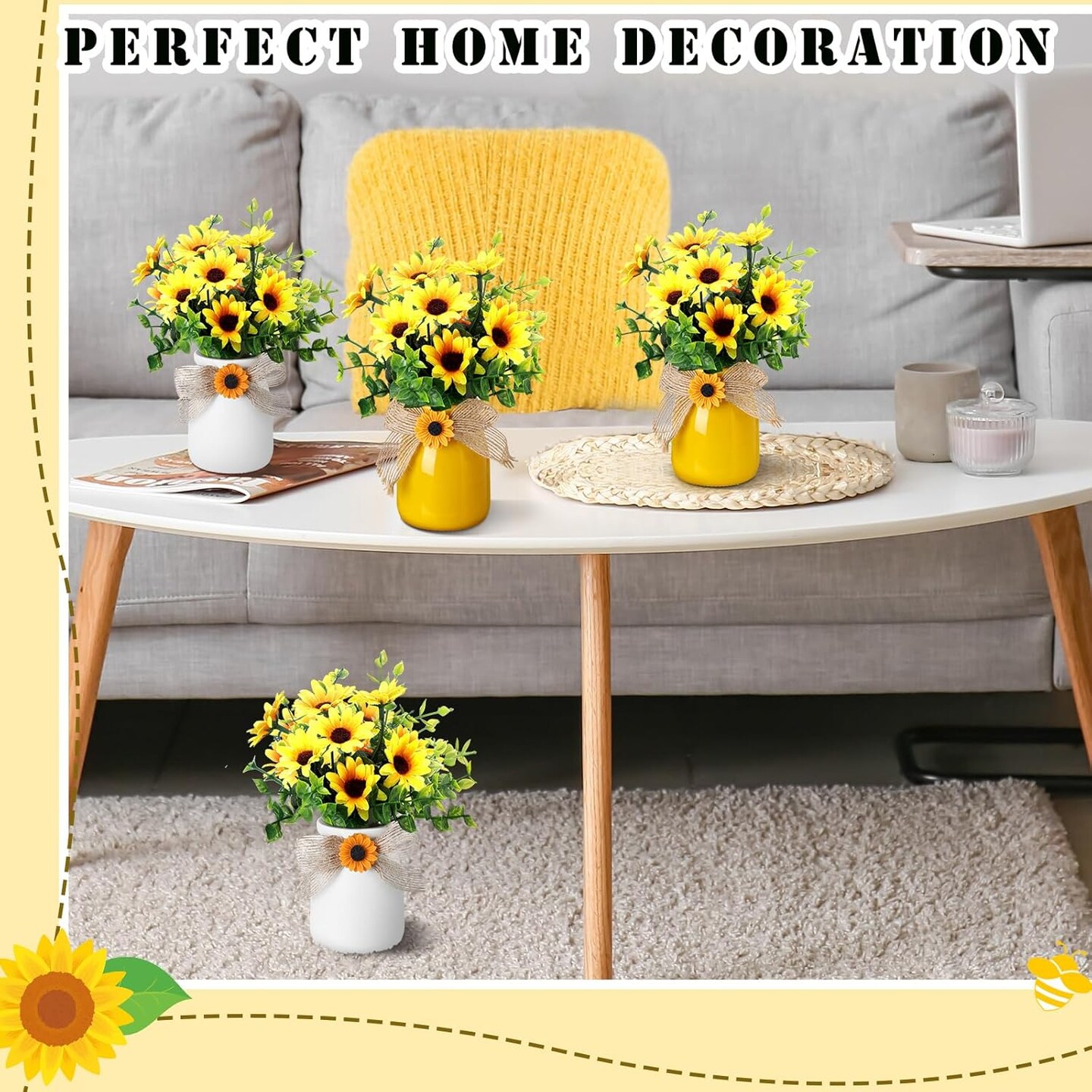 Artificial Fake Flowers with Vase Decoration Sunflower Vases Decoration Spring Artificial Plant Decoration Home Office Party Table Centerpiece (4 Pcs)