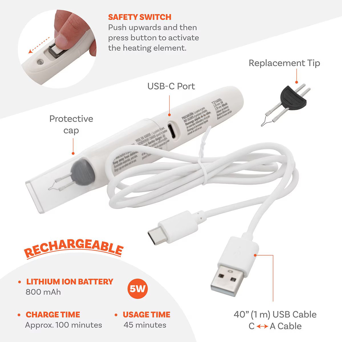 ThreadZap Rechargeable Craft Burner includes USB Cord & Replacement Tip. Max Temp: 600C/1112F