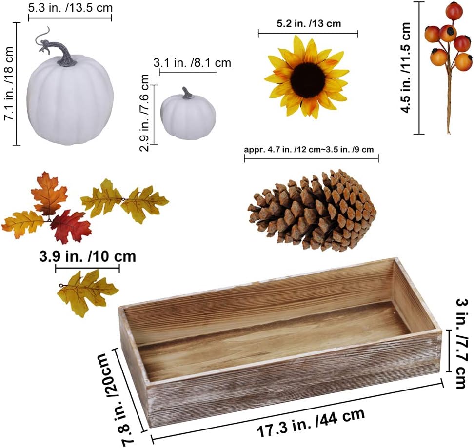Bulk Assorted Artificial White Pumpkins Fall Centerpiece Artificial Maple Leaves in Rectangle Whitewashed Wooden Box Fall Thanksgiving Table Decoration