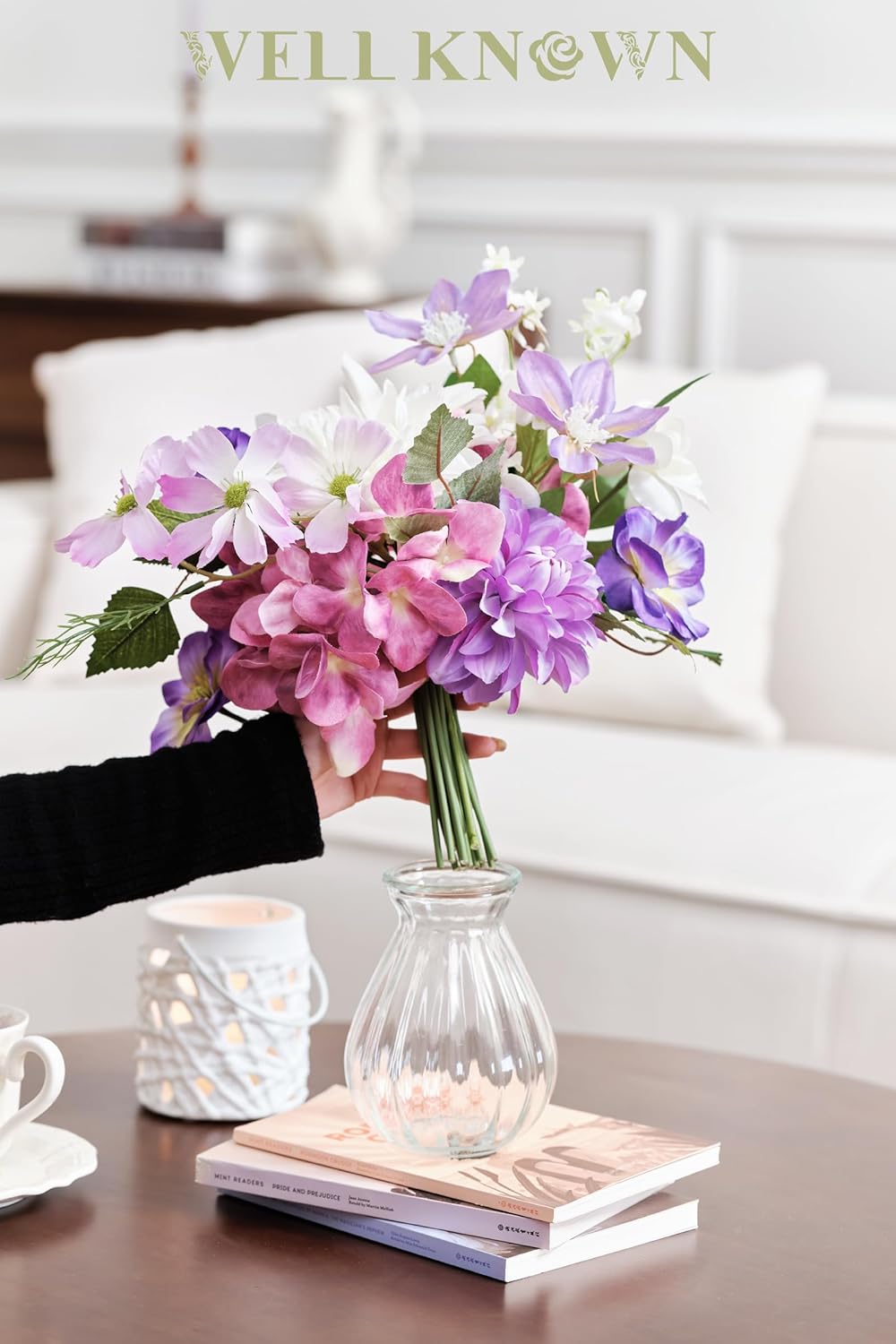 Artificial Flowers Silk Peony Flower Bouquet in Vase, Fake Flowers with Vase, Faux Flower Arrangements, Table Decorations for Living Room, Coffee Table Decor