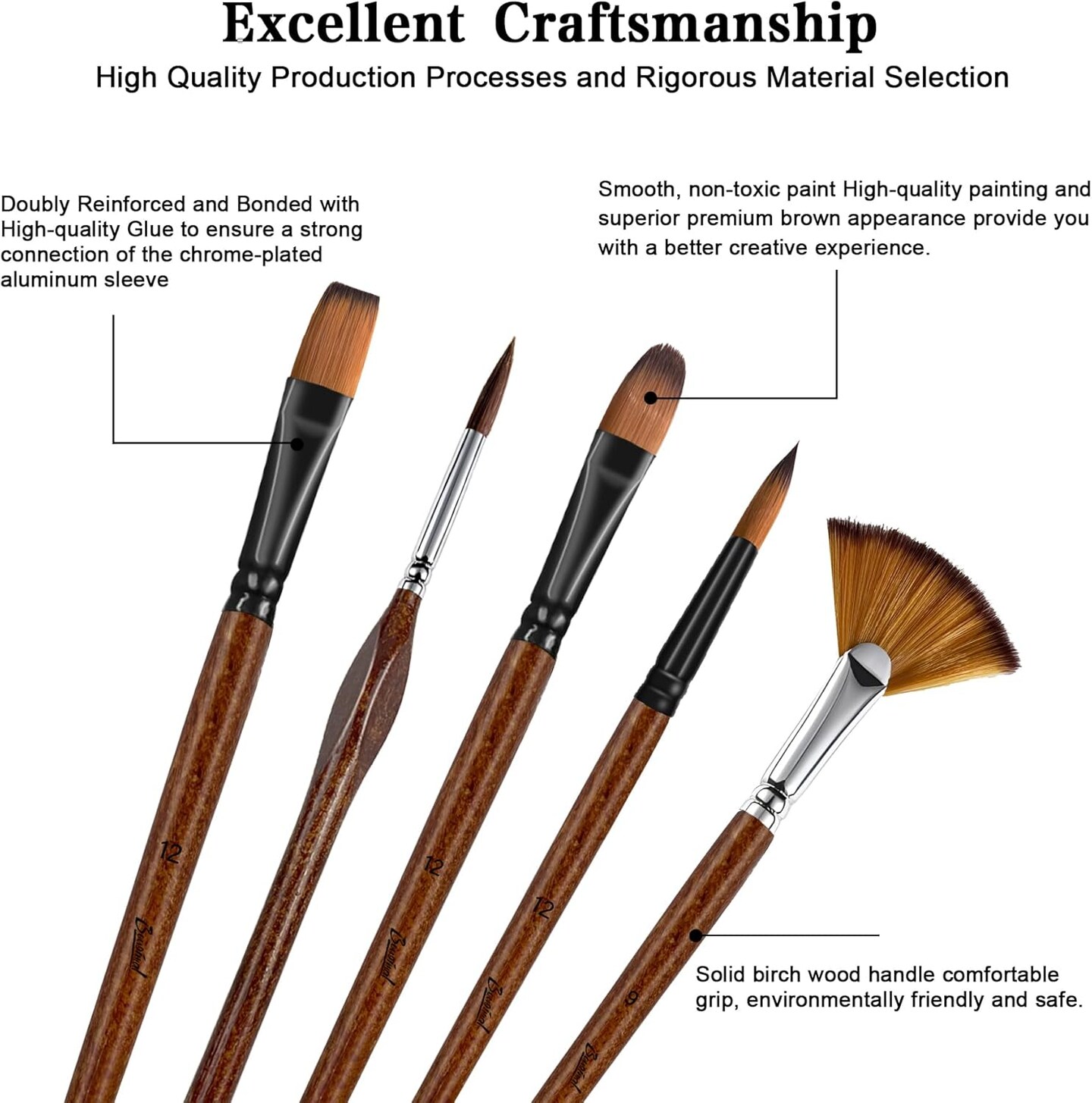 32 Pieces Paint Brush Set, Back to School Supply, Nylon Bristles with Round, Filbert, Flat, Fan, Angle, Fine Detail Brush, Suitable for Acrylic Painting, Oil, Watercolor(Birch Wood Handle)