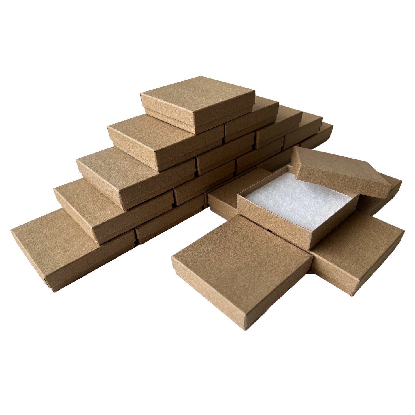 MADE IN USA - 100 Boxes - Natural Kraft Jewelry Boxes with Cotton Filling - 3.5&#x22;x3.5&#x22;x7/8&#x22;