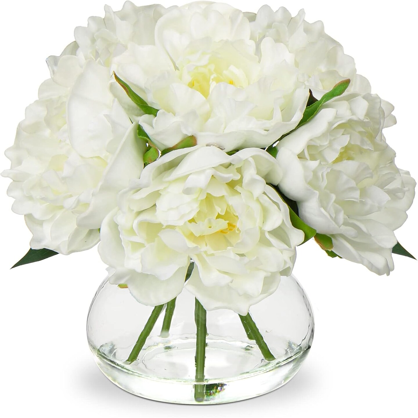 Fake Flowers White Peonies Artificial Flowers Faux Flowers with Vase Peony Silk Flower Arrangements in Glass Vase with Faux Water for Home Decor Bathroom Table Centerpiece Shelf Decorations