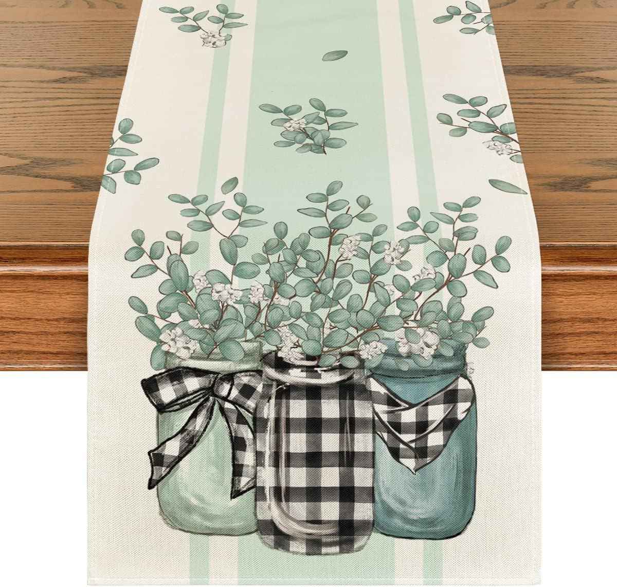 Buffalo Plaid Eucalyptus Vases Summer Table Runner, Spring Kitchen Dining Table Decoration for Home Party Decor 13x72 Inch