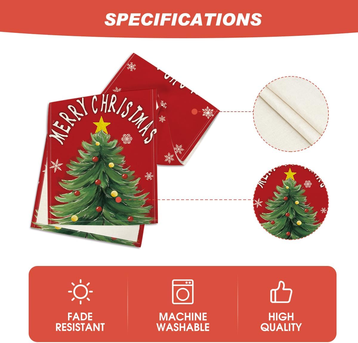 Red Xmas Pine Snowflake Merry Christmas Table Runner, Seasonal Winter Kitchen Dining Table Decoration for Home Party Decor 13x72 Inch