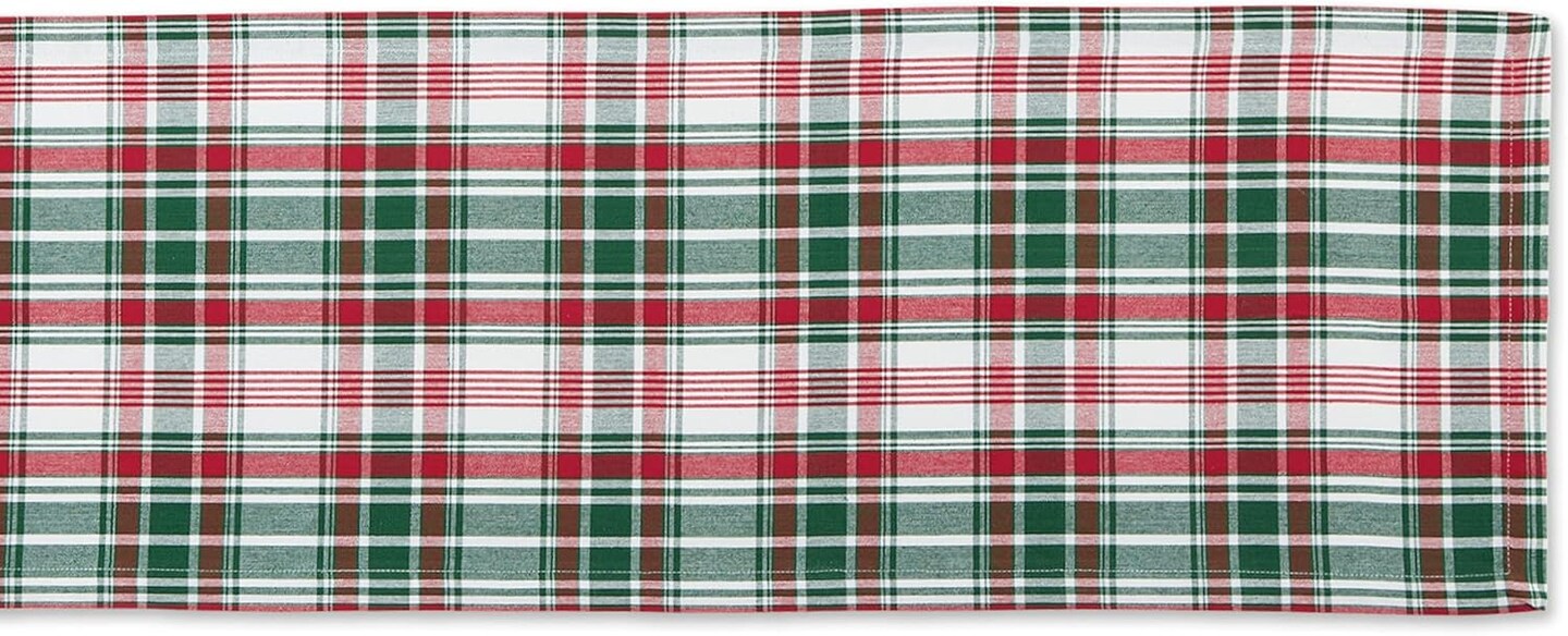 Yuletide Plaid Christmas Collection Holiday Dining Table Linen, Table Runner, 14x72, Forest Green & Maroon