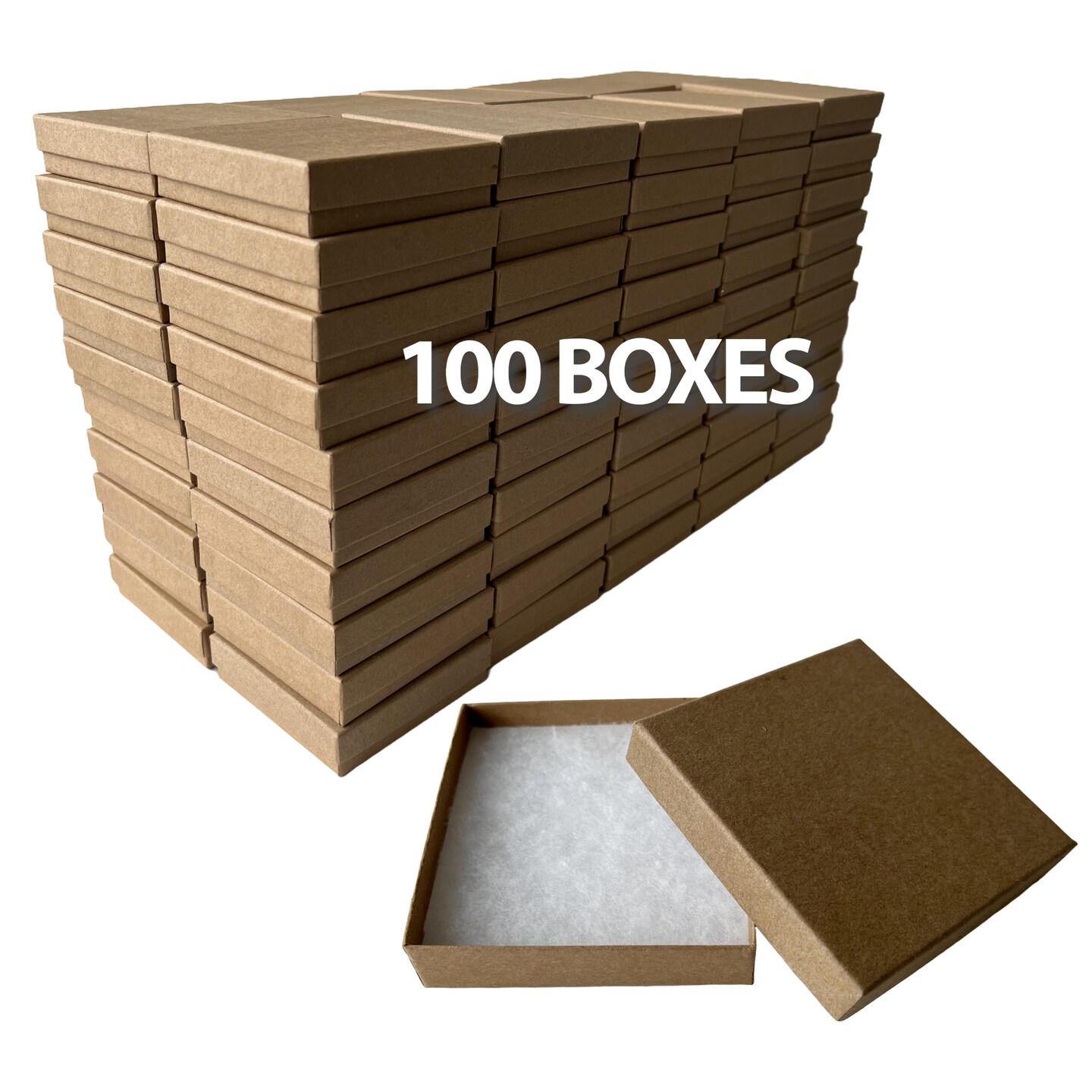 MADE IN USA - 100 Boxes - Natural Kraft Jewelry Boxes with Cotton Filling - 3.5&#x22;x3.5&#x22;x7/8&#x22;