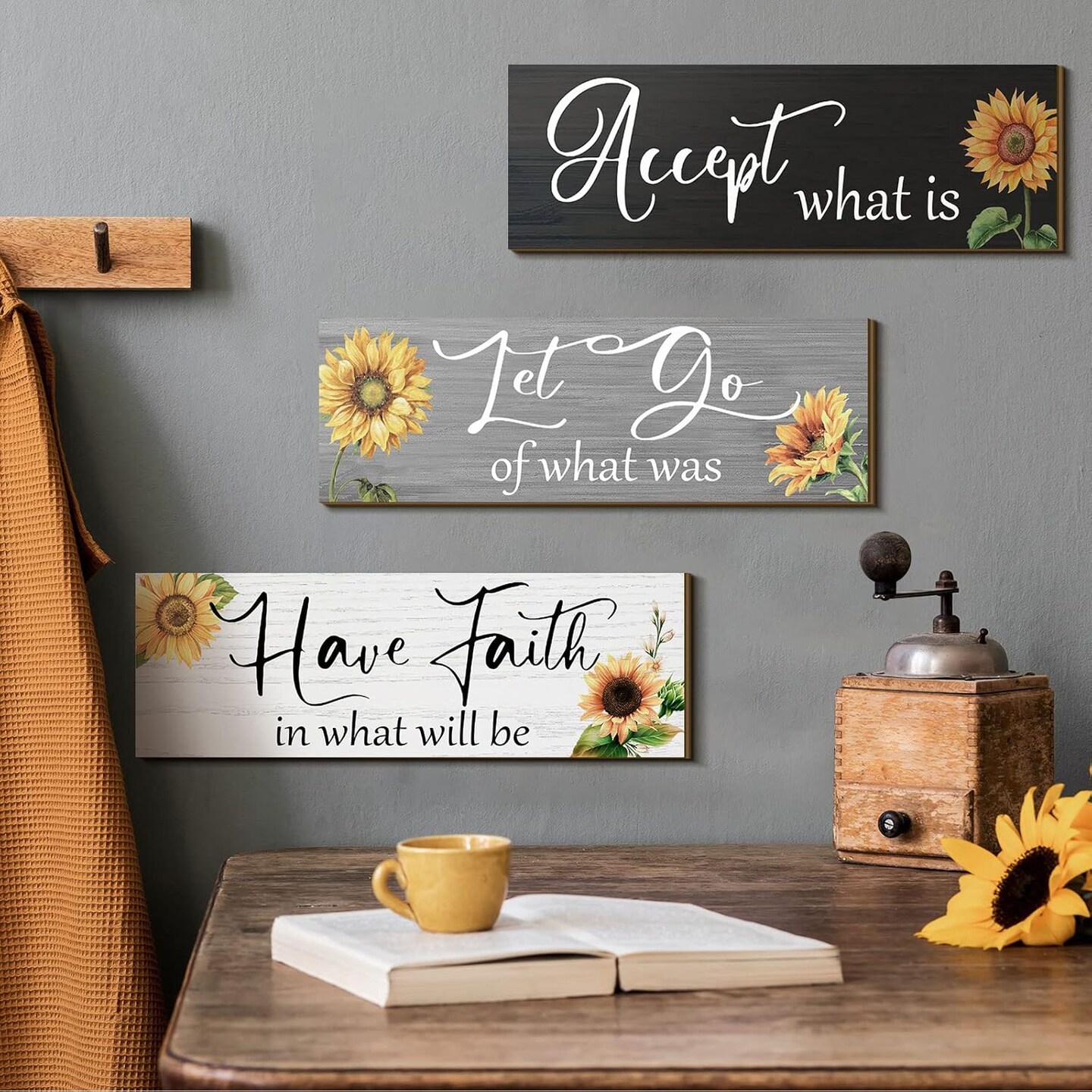 3 Pcs Sunflower Bathroom Decor Kitchen Dandelion Art Wall Decor Rustic Inspirational Wooden Sign Farmhouse Vintage Home Living Room (Sunflower Style)