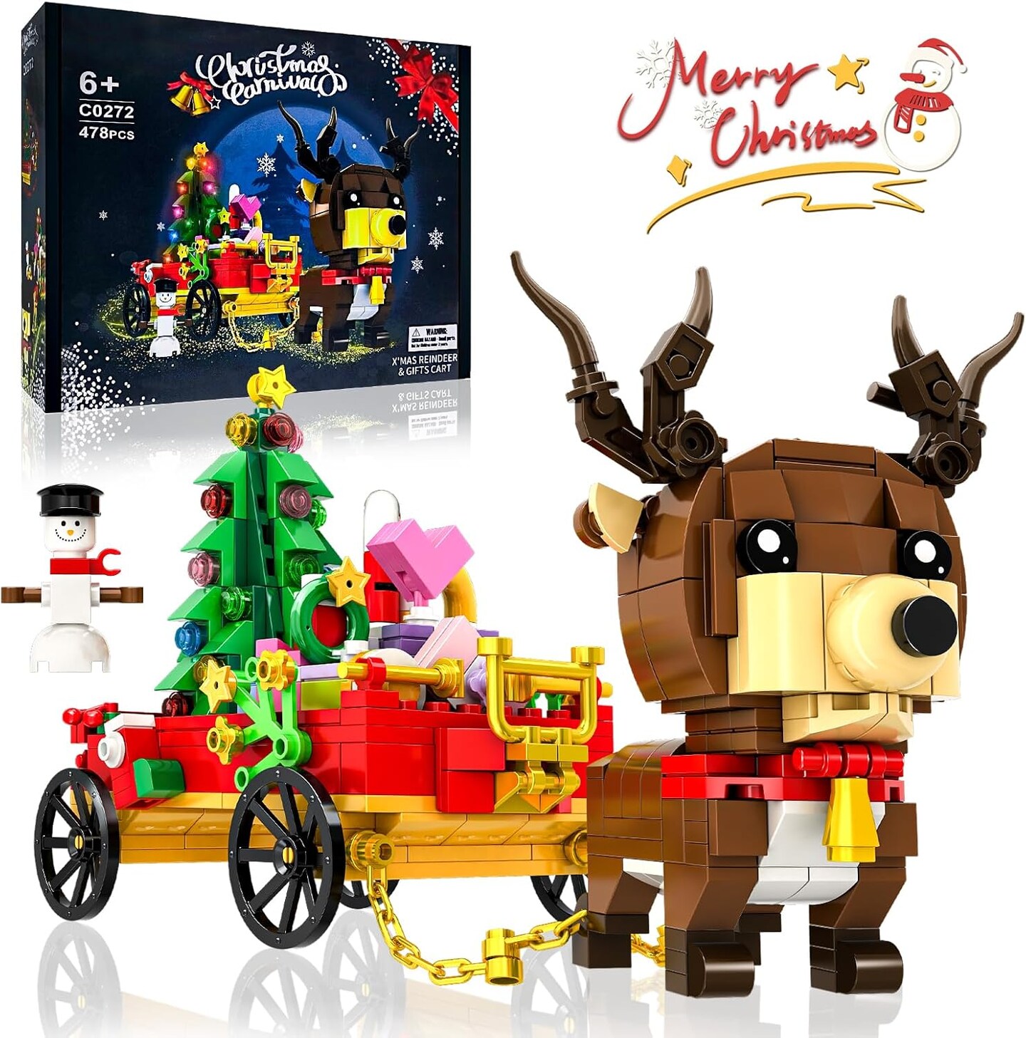 Santa&#x27;s Christmas Reindeer Building Block Kit, Cart Building Sets Christmas Playset Building Toy Ornaments Ideal Gift for Kids Boys Girls 6-12 Years Old (478 PCS)