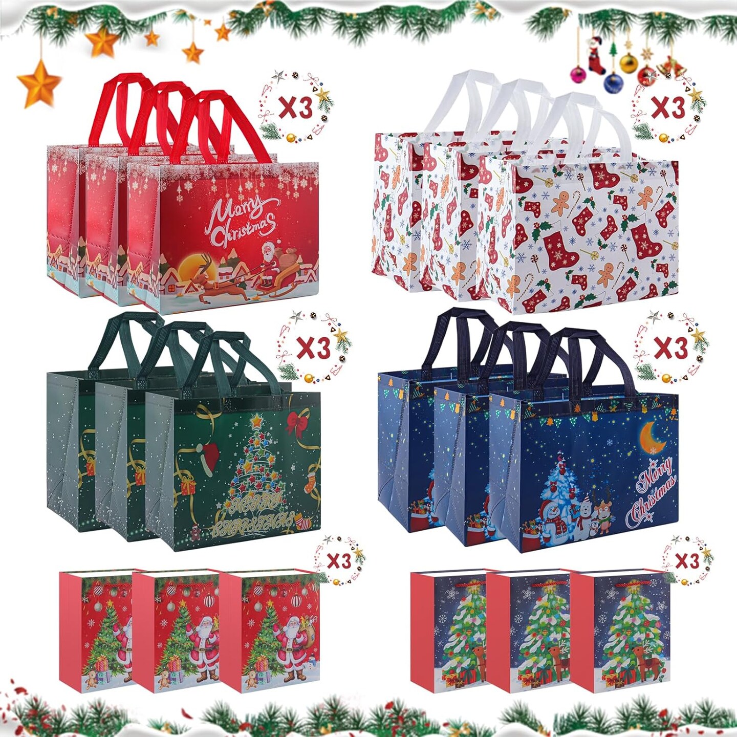 18 Pack Christmas Gift Bags Assorted Sizes,Large Non-Woven Christmas Tote Bags Christmas Reusable Gift Bags with Handles - Large Xmas Gift Bags