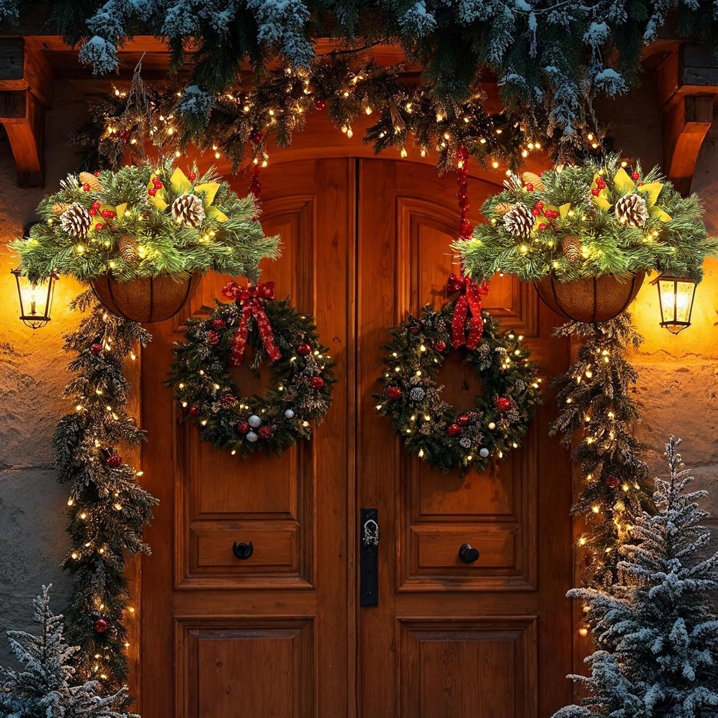Artificial Christmas Hanging Basket, Decorated with Frosted Pine Cones, Berry Clusters, 30 LED Warm Lights,Christmas Outdoor Decorations for Front Porch Garden Yard Xmas Decor,20 Inches
