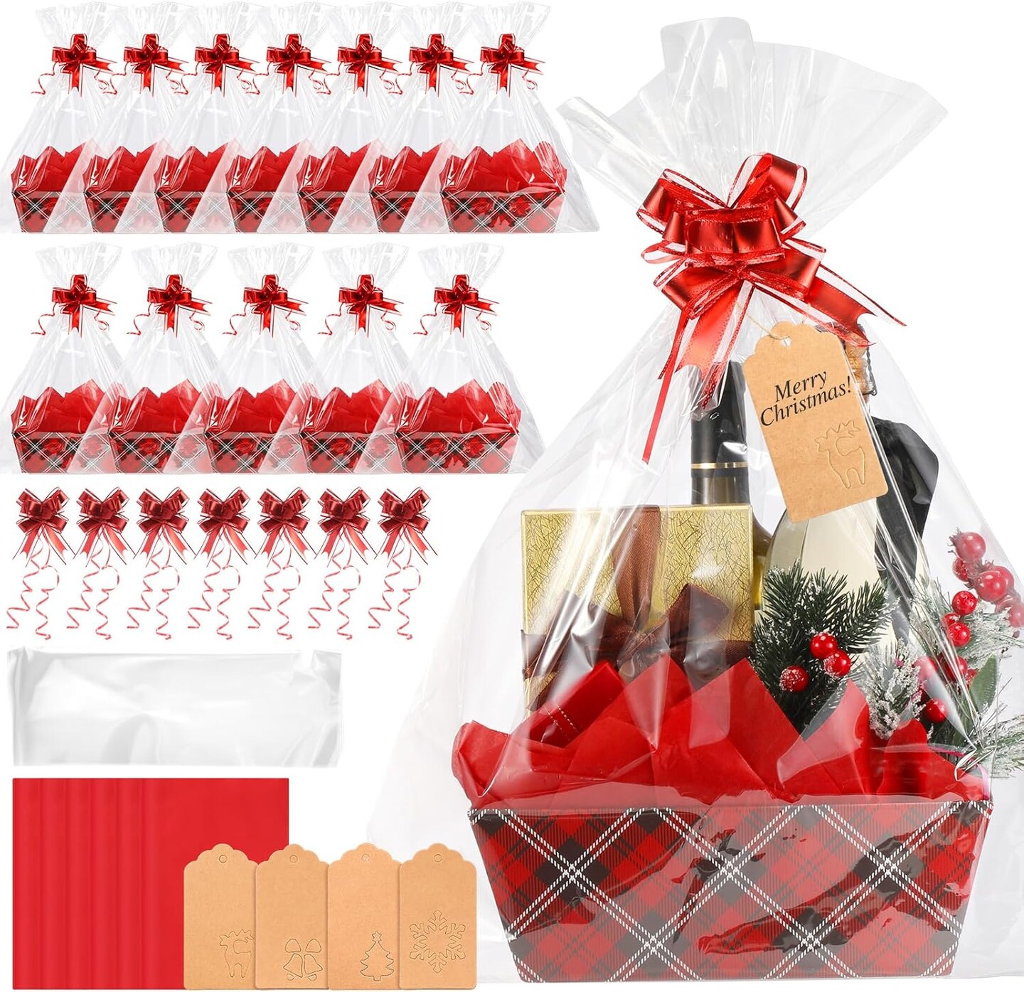 48 Pcs Christmas Buffalo Plaid Baskets for Gifts Empty with Handles DIY Kit Includes 12 Gift Baskets 12 Clear Gift Bags 12 Tissue Paper 12 Bows 12 Gift Tag for Christmas Holiday Birthday Gift