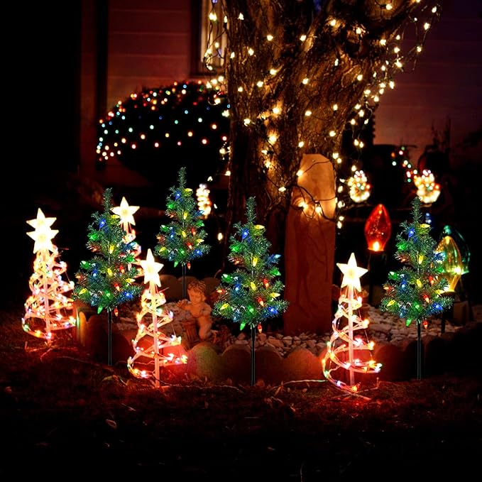 Upgraded 4-Pack Solar Christmas Garden Stake Lights, Decorative Xmas Tree Solar Christmas Yard Stake Outdoor Waterproof Christmas Pathway Lights for Christmas Decoration Garden Patio Yard