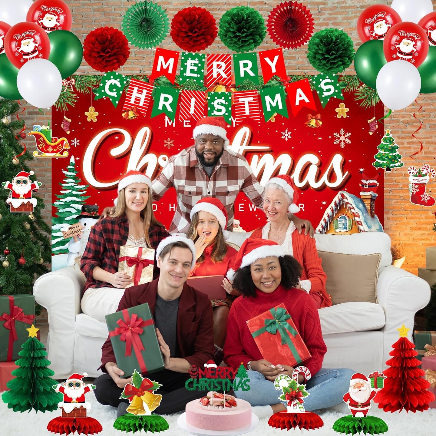 Vlipoean Red Christmas Party Decorations, 40PCS Merry Christmas Birthday Party Supplies with Christmas Backdrop Banner, Cute Honeycomb, Hanging Swirl, Christmas Background for Xmas Eve Happy New Year