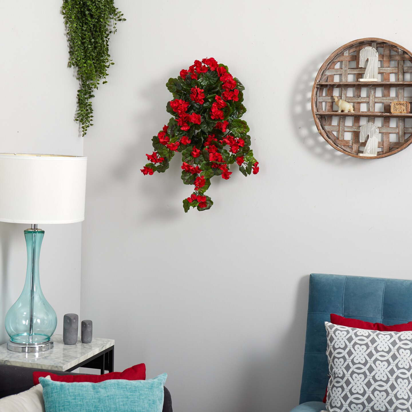 Nearly Natural Hanging Geranium Artificial Plant - 29&#x22; - Green and Red - Set of 2