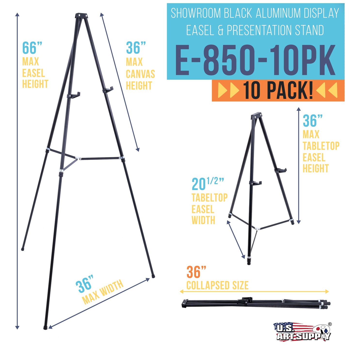 66&#x22; High Black Metal Display Easel (10 Pack) - Large Adjustable Height Portable Easel Stand, Sign Display, Holds 25 lbs - Floor &#x26; Tabletop Easels, Painting Stand