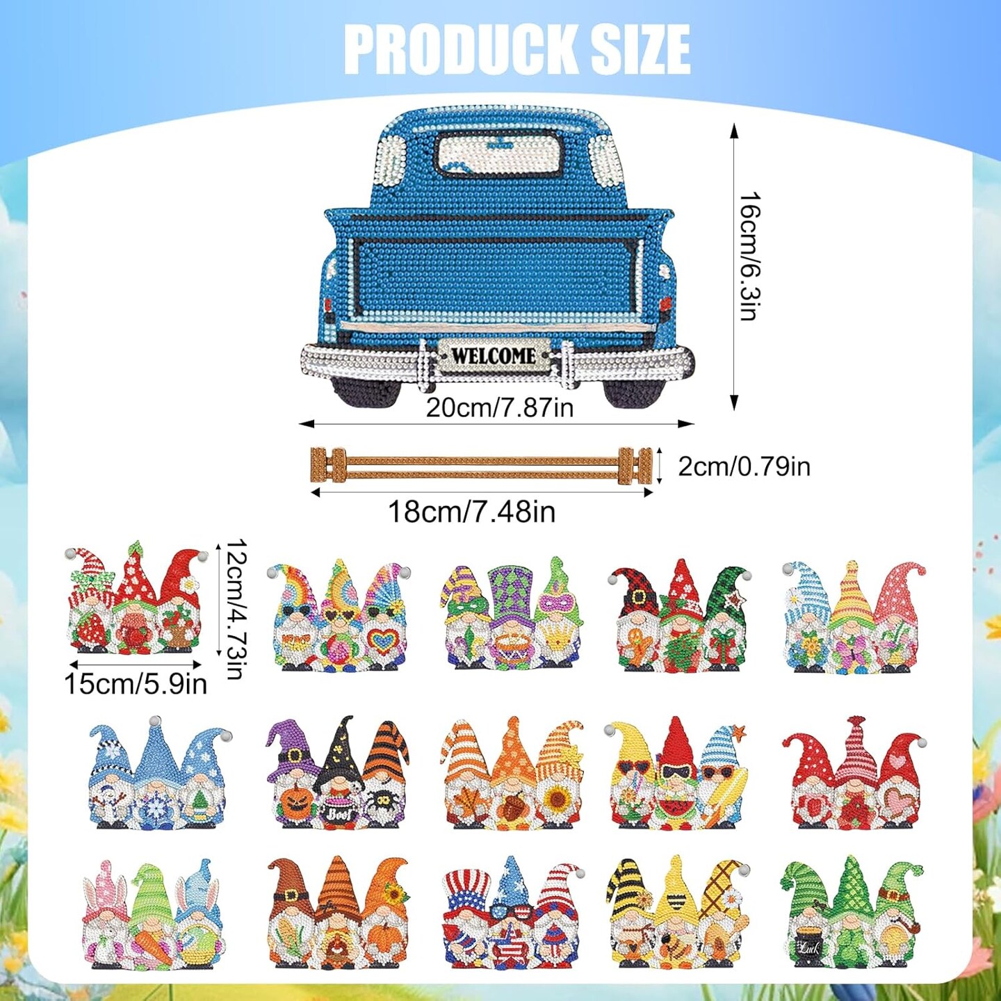 16PCS Interchangeable Diamond Painting Welcome Sign for Front Door Holiday Gnome Decor Blue Truck Hanging Sign Diamond Art Painting Kits for Adults Interchangeable Seasonal Decor for Home Wall