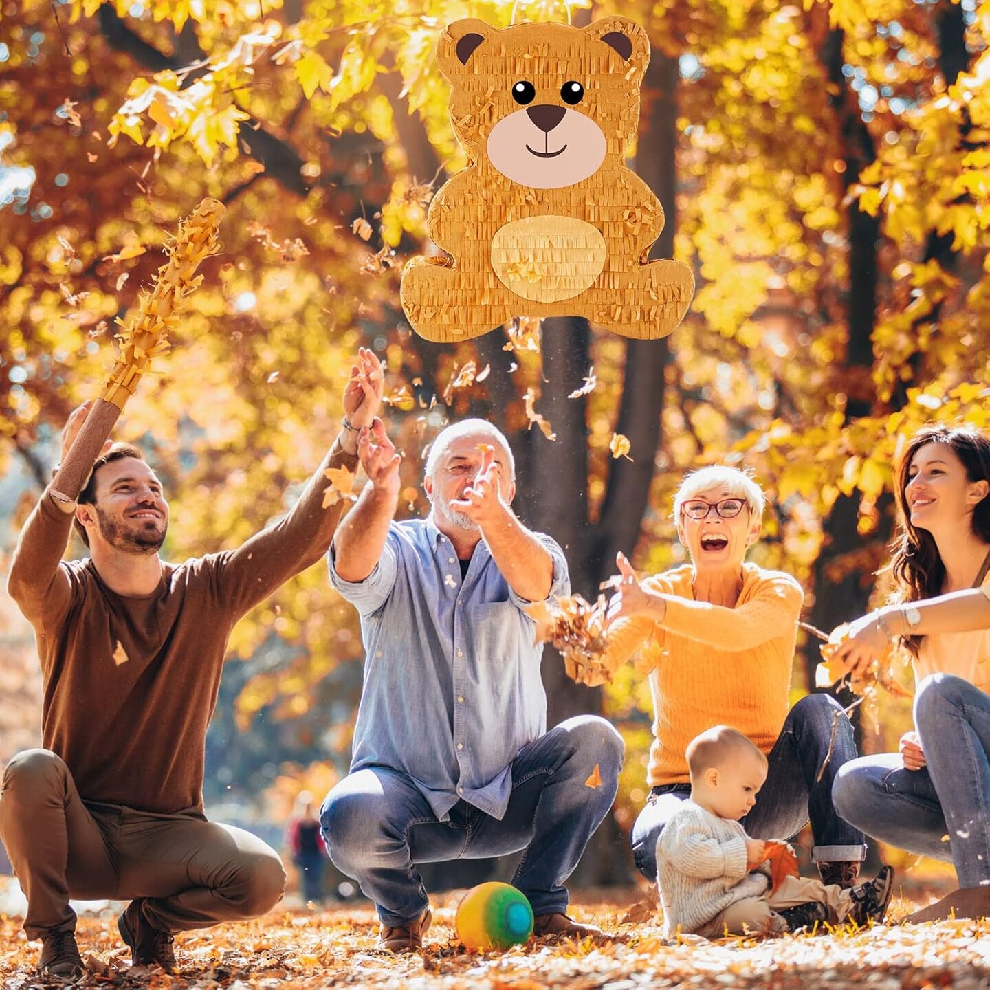 14.5 Inch Bear Pi&#xF1;ata Bear Themed Birthday Party Supplies Animal Pi&#xF1;ata with Wood Bat Stick, Paper Blindfold and Confetti for Valentine&#x2018;s Day Baby Shower Party Decor Kid Adult Boy Girl
