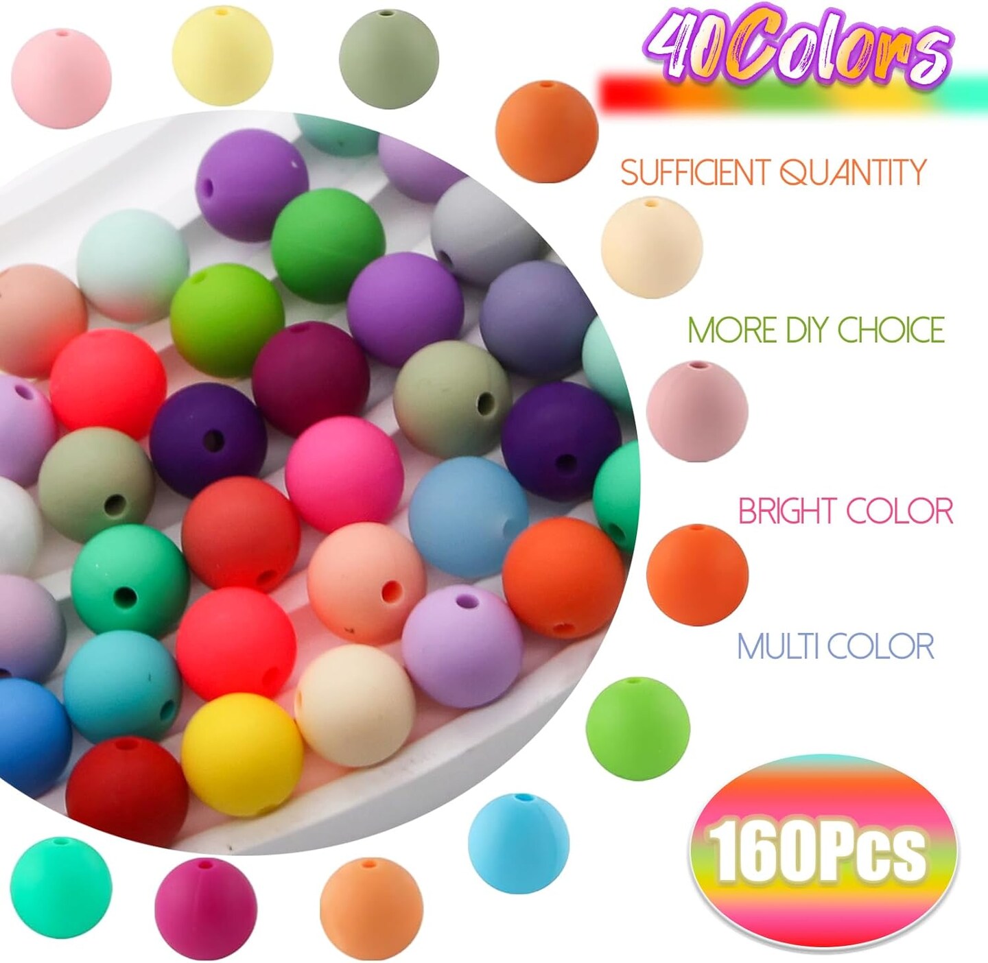 Silicone Beads - 40 Colors 15mm Round &#x200B;Beads (160Pcs Bulk) | Durable &#x200B;Rubber Beads for &#x200B;Jewelry Beads, &#x200B;Bracelet Beads Designs