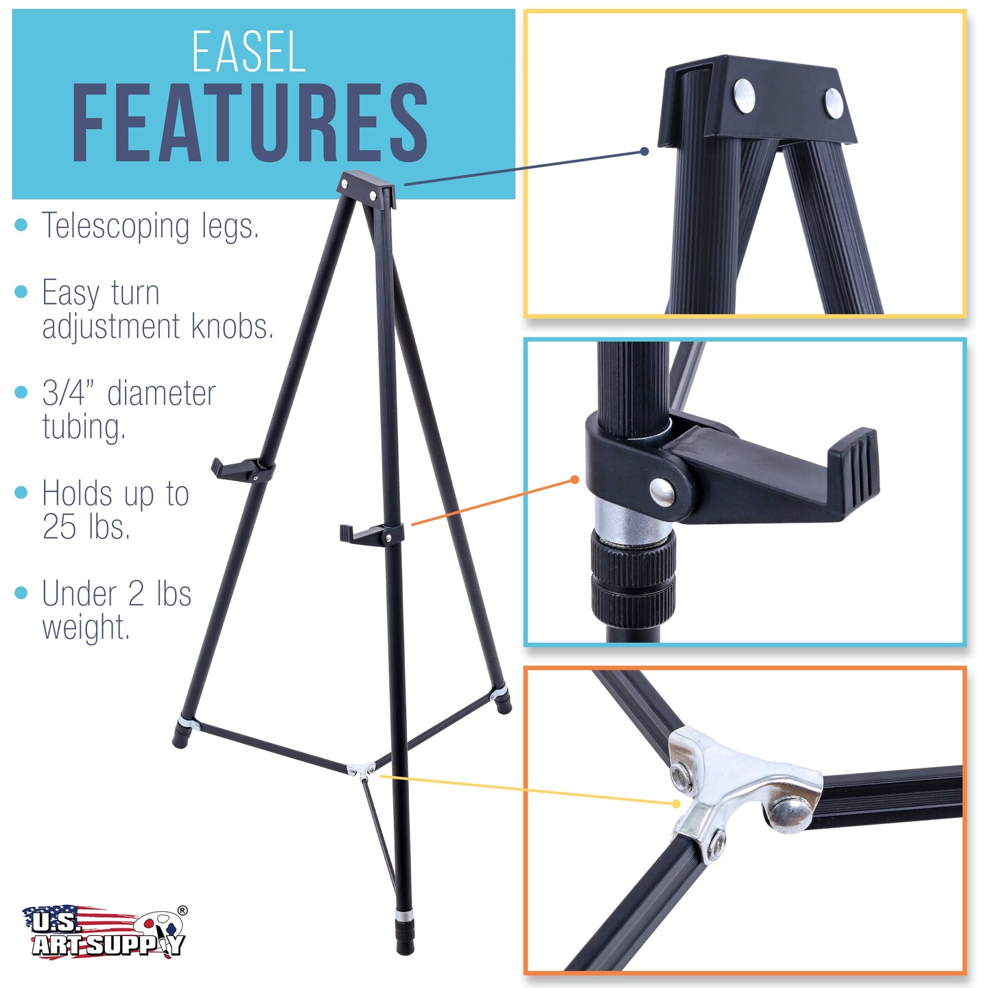 66&#x22; High Black Metal Display Easel - Large Adjustable Height Portable Easel Stand, Sign Display, Holds 25 lbs - Floor &#x26; Tabletop Easels, Painting Stand