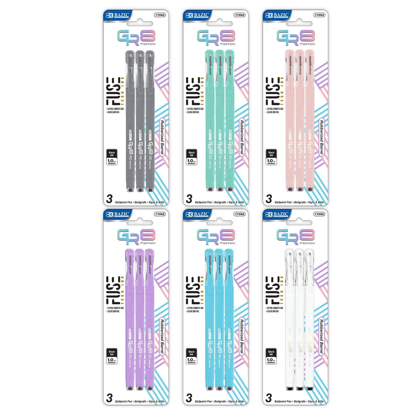 BAZIC GR8 Dazzle Black FUSE Tech Ink Pen Rubberized Barrel (3/Pack)