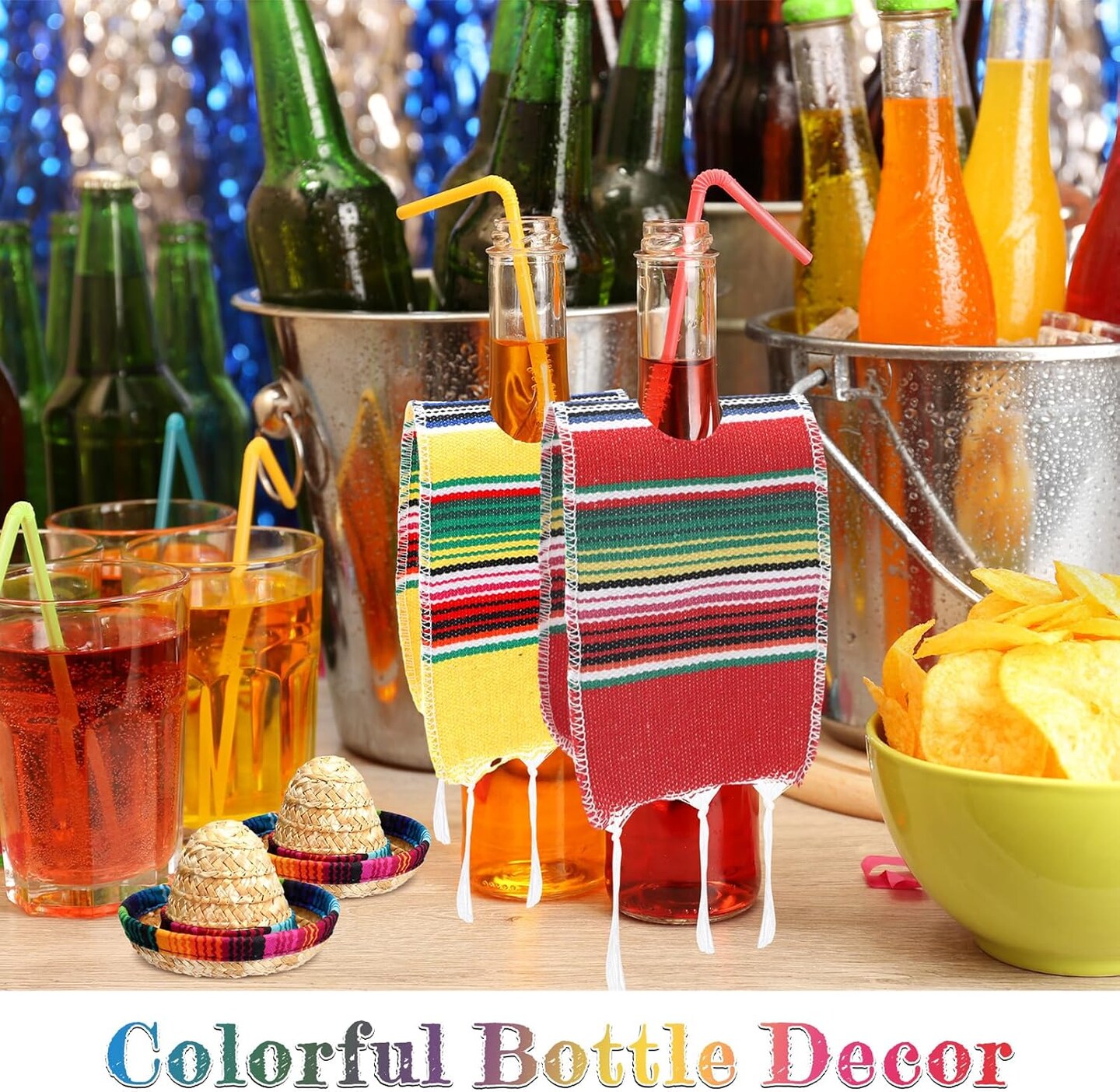 36 Sets Tiny Sombrero Hats Mini Serapes for Bottles Colorful Beer Poncho Cover Cape Sombrero Bottles Topper for Cinco De Mayo Mexican Fiesta Party Table Decorations