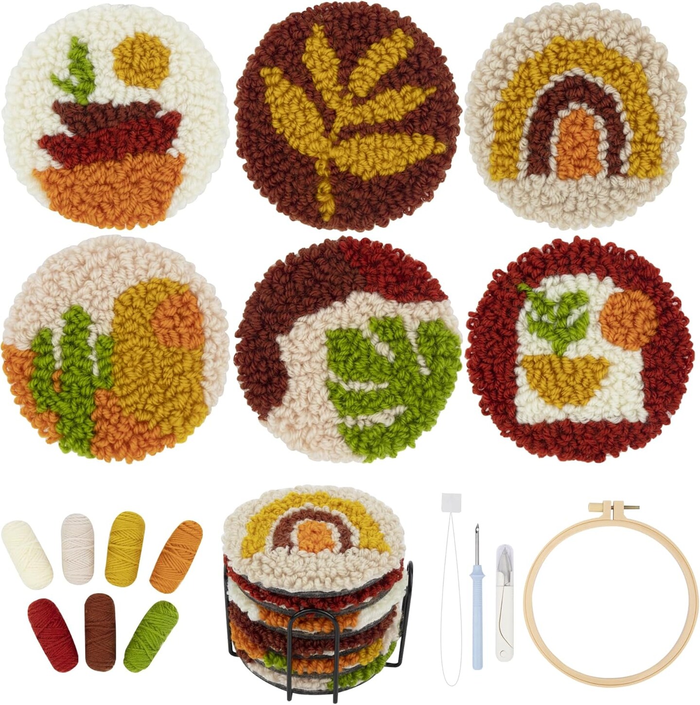 Punch Needle Coasters Kit, Punch Needle Embroidery Kit for Beginners and Adults Including Patterns, Tools, Yarns, Hoop, Instruction, Coaster Holder Coaster Art Craft Supplies (Plants)
