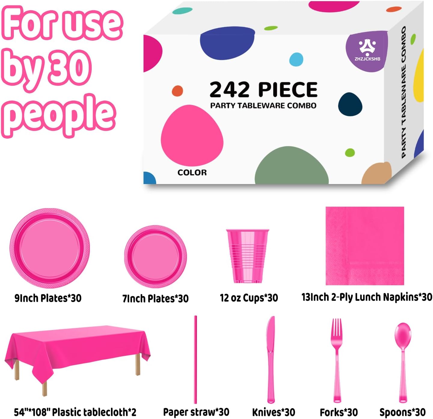 242 Pcs Plastic Dinnerware Set Includes 30 Of Each 9&#x22; Dinner Plates |7&#x22; Dessert Plates|12 oz Plastic Cups | Napkins|Straws|Spoons, Forks &#x26; Knives (Hot Pink, 242PCS&#xFF08;30 Guests&#xFF09;)