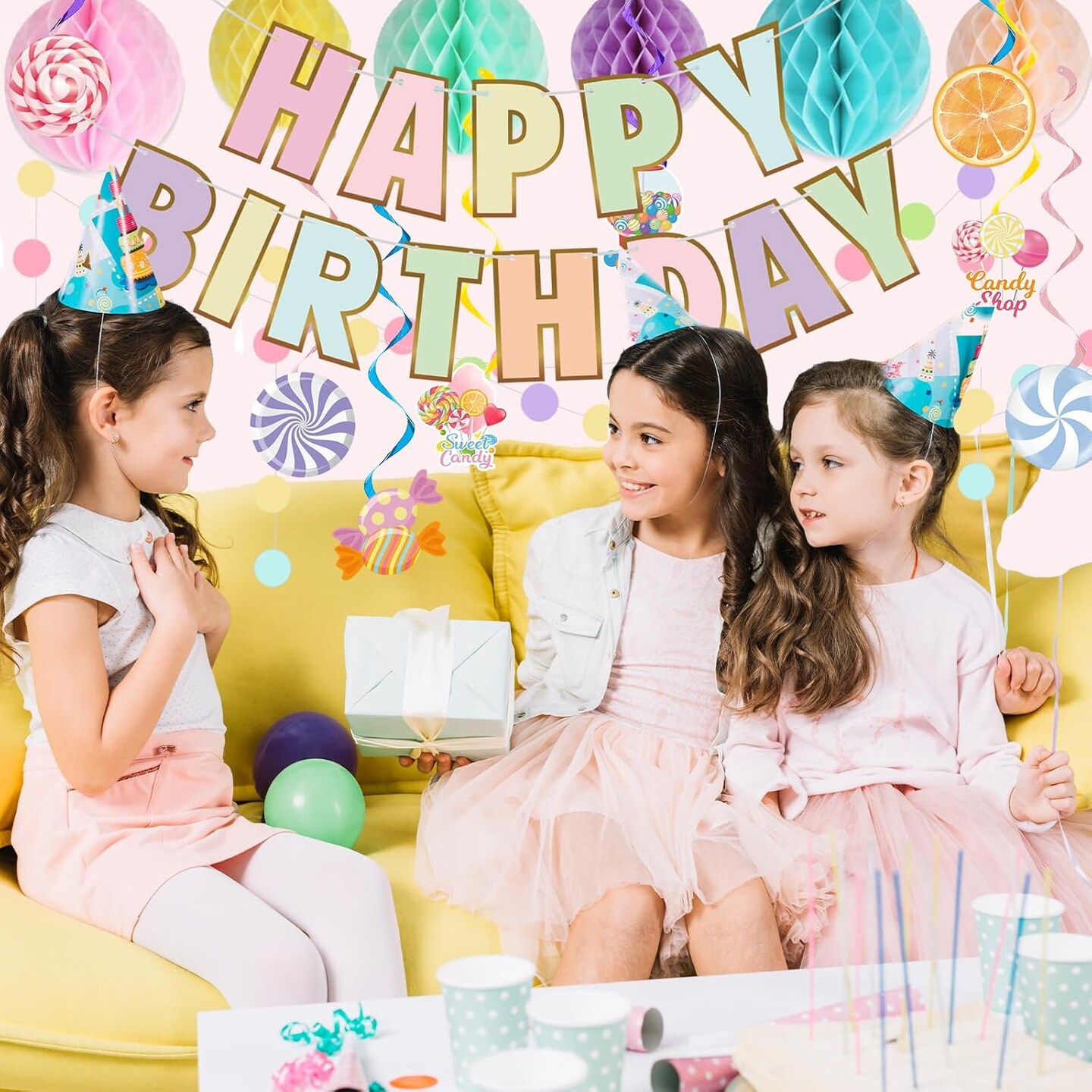 Macaron Happy Birthday Banner Candyland Hanging Swirls Colorful Flag Bunting Circle Confetti Honeycomb Ball