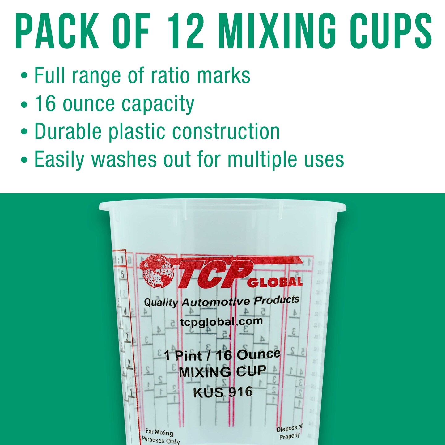 Paint Mixing Cups Plastic Measuring Cup Epoxy Resin, Disposable or Reusable, 16-Ounce (Pint) - Pack of 12 - Graduated, Mixing Ratios, Automotive Painting Acrylic Art Crafts