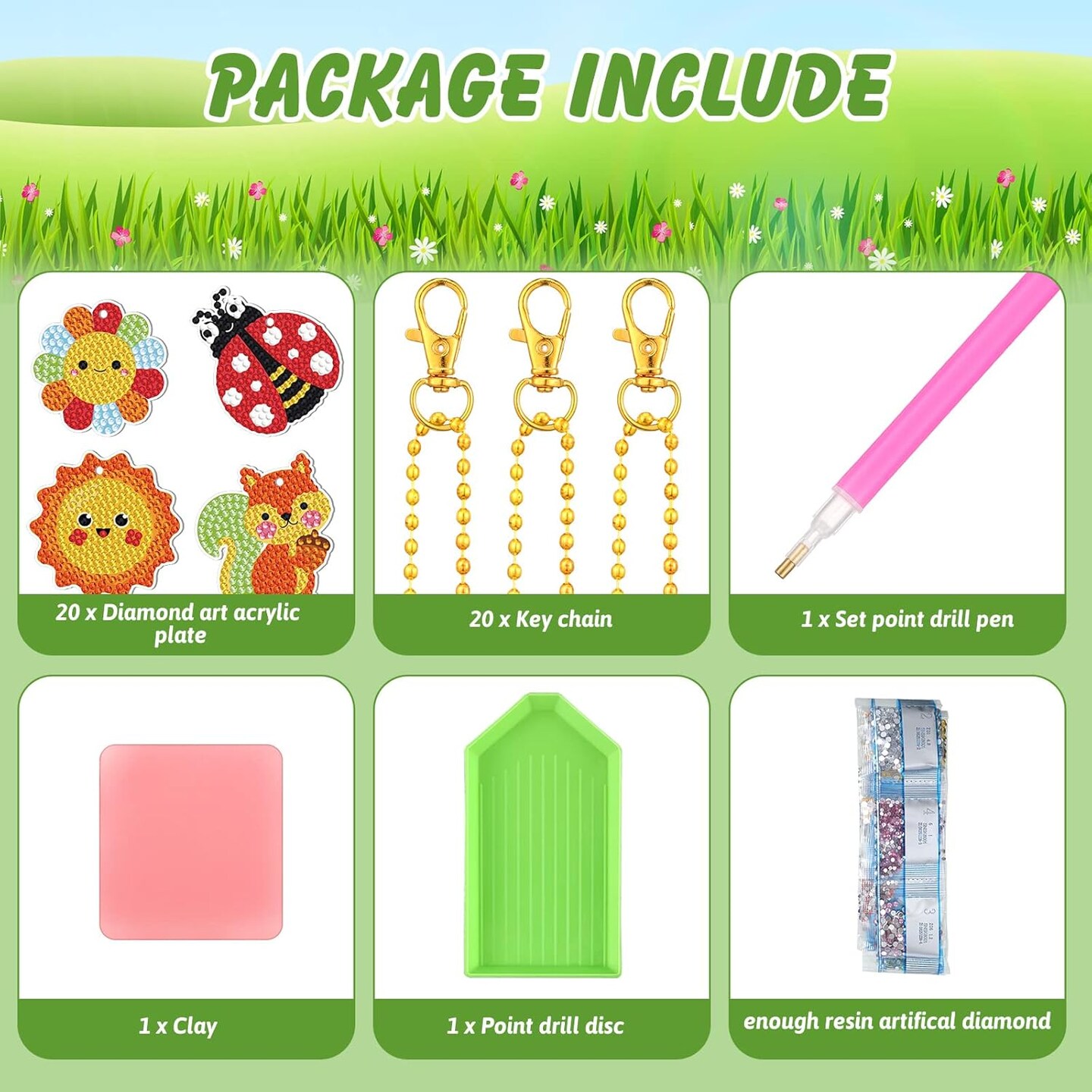 20 Pcs Summer Diamond Painting Kits for Kids 5d Diamond Art Keychains Flower Insect Animal Bee Frog Craft Tags Creative Ornament Gifts Spring Summer Decor for Kids Adults