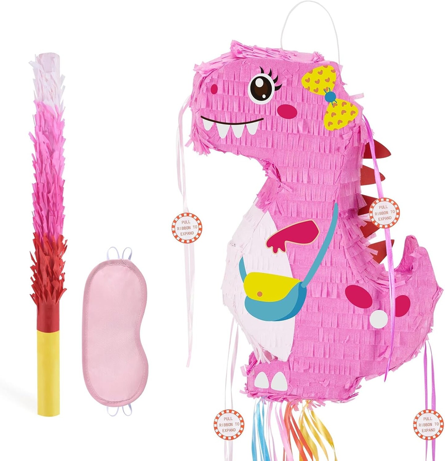 Foldable Dinosaur Pi&#xF1;ata - Pull String Dinosaur Birthday Party Supplies Extendable Pi&#xF1;ata with Blindfold Bat and Tassels Dinosaur Birthday Decoration Pink Dinosaur Pi&#xF1;atas
