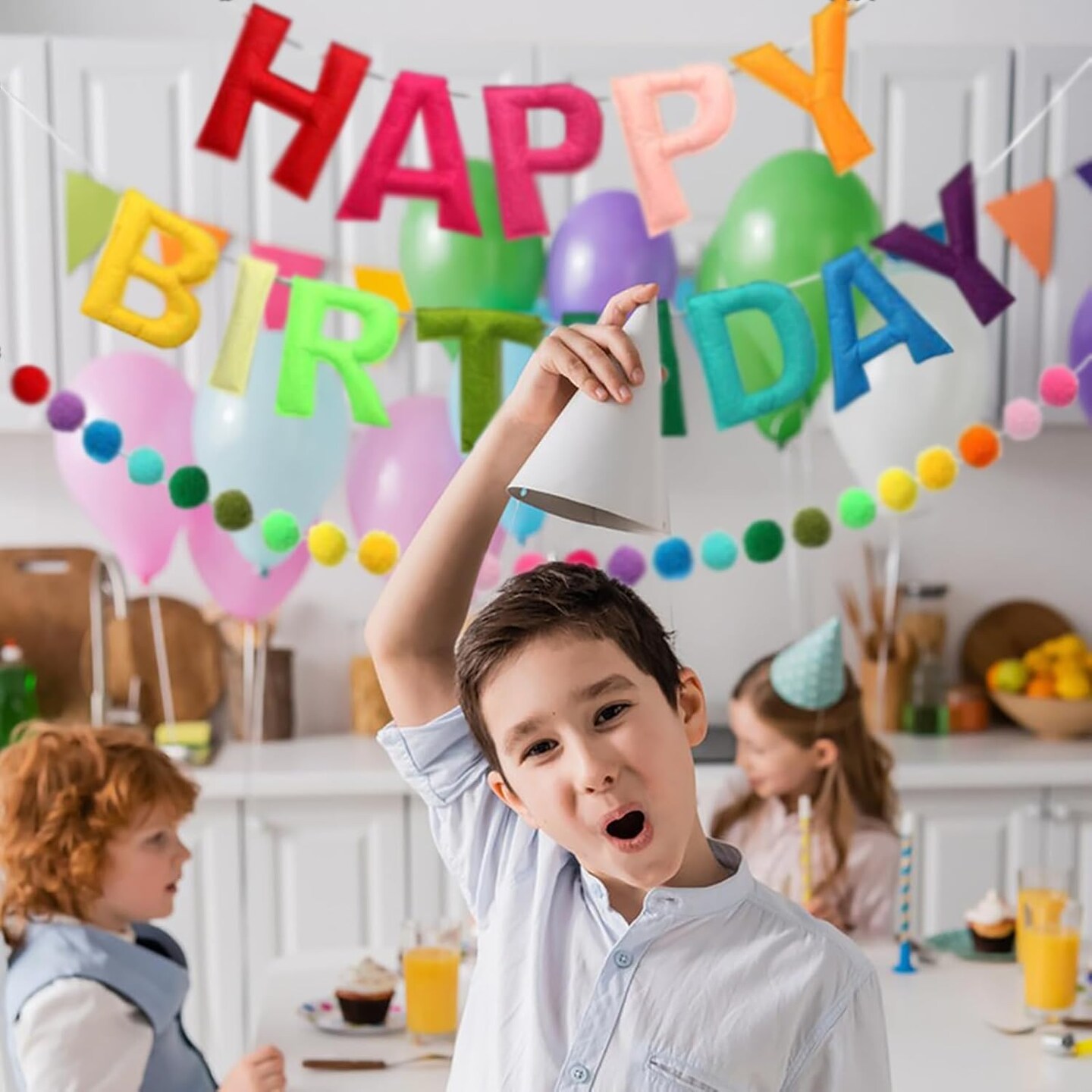 Happy Birthday Banner - Rainbow Color Felt Ball Garland, Personalized Sign