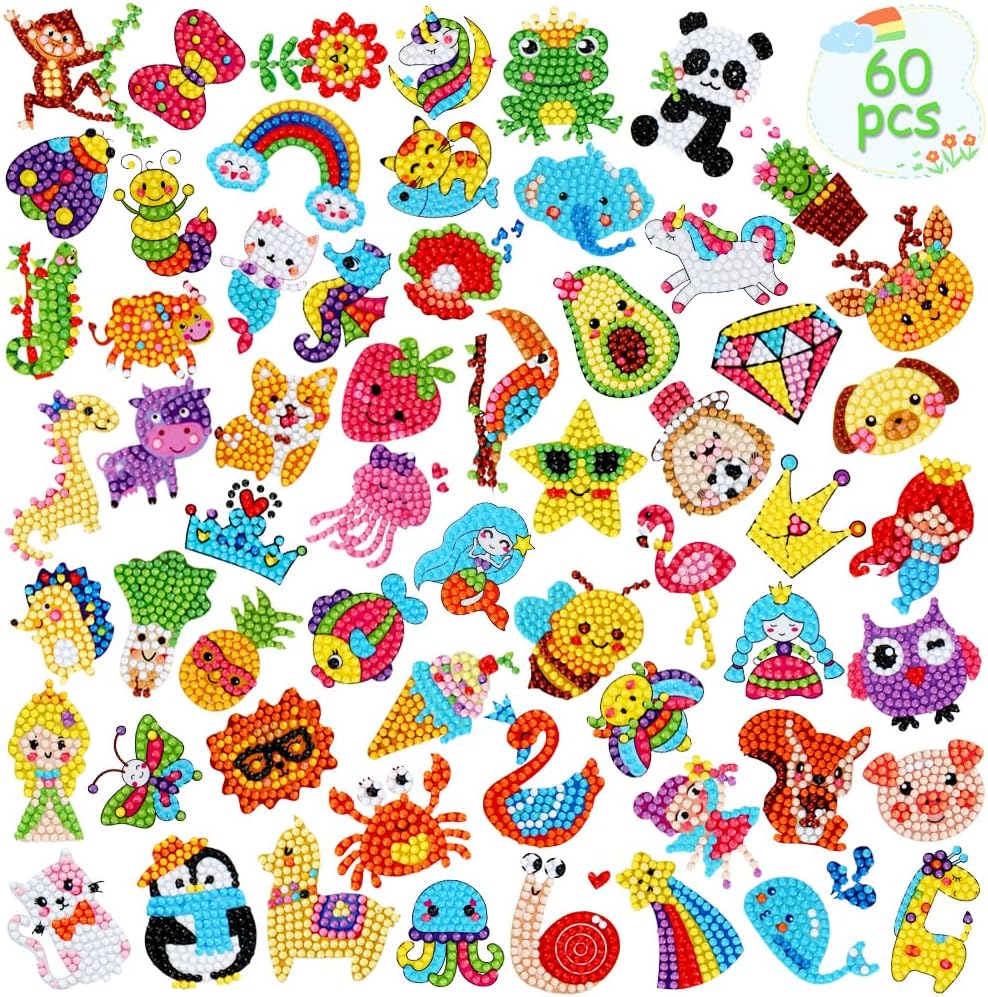 60pcs 5D Diamond Art Stickers Arts and Crafts Creative Gem Art Paint by Number Kits for Kids Ages 4-6 6-8 8-12 Boys Girls DIY Mosaic Stickers Toys for Birthday Party Halloween Christmas Gifts