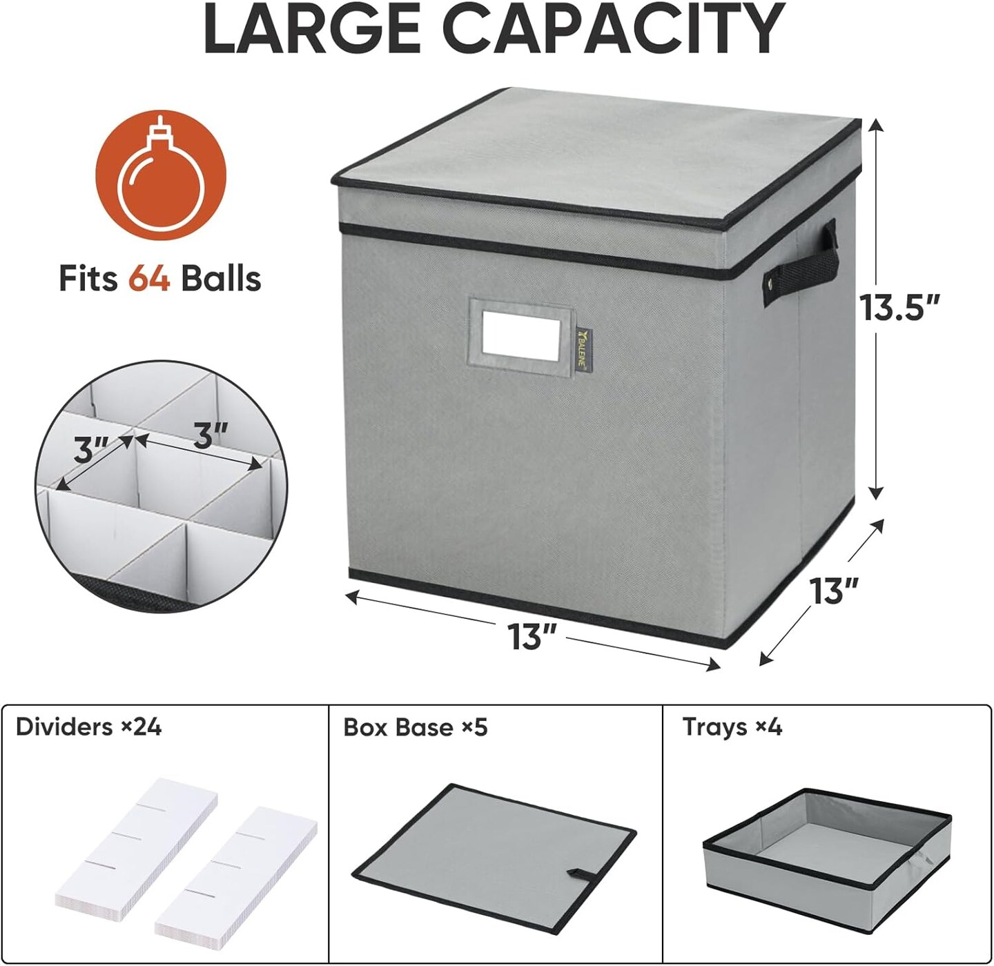 Christmas Ornament Storage Box with Dividers, Premium Holiday Ornaments Storage Container Bin for Xmas Decorations (64 Ball, Grey)