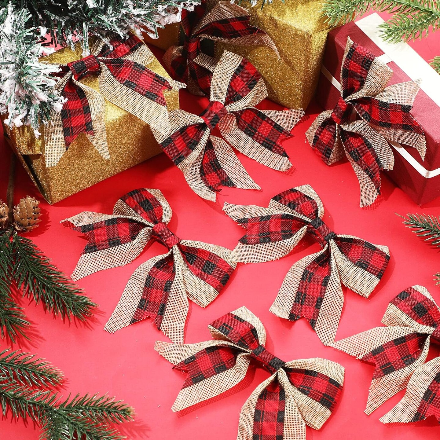 Red Bows Christmas Decorations 12”X20” Big Red Velvet Ribbon Wired Decorative Bows with Glitter Gold Edge for Tree Topper, Outdoor Indoor Wreaths Stair Fence Xmas Home Front Door Decorations (2 PCS)