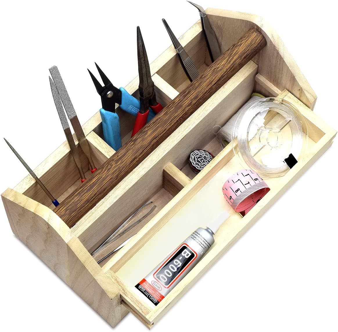 Small Natural Wood Color Wooden Craft Tool Box Caddy with a Handle for Storage Tool, Makeup, Collections with 5 Compartments for Storage and Organizing, 10 W x 5.1 D x 3.5 H in