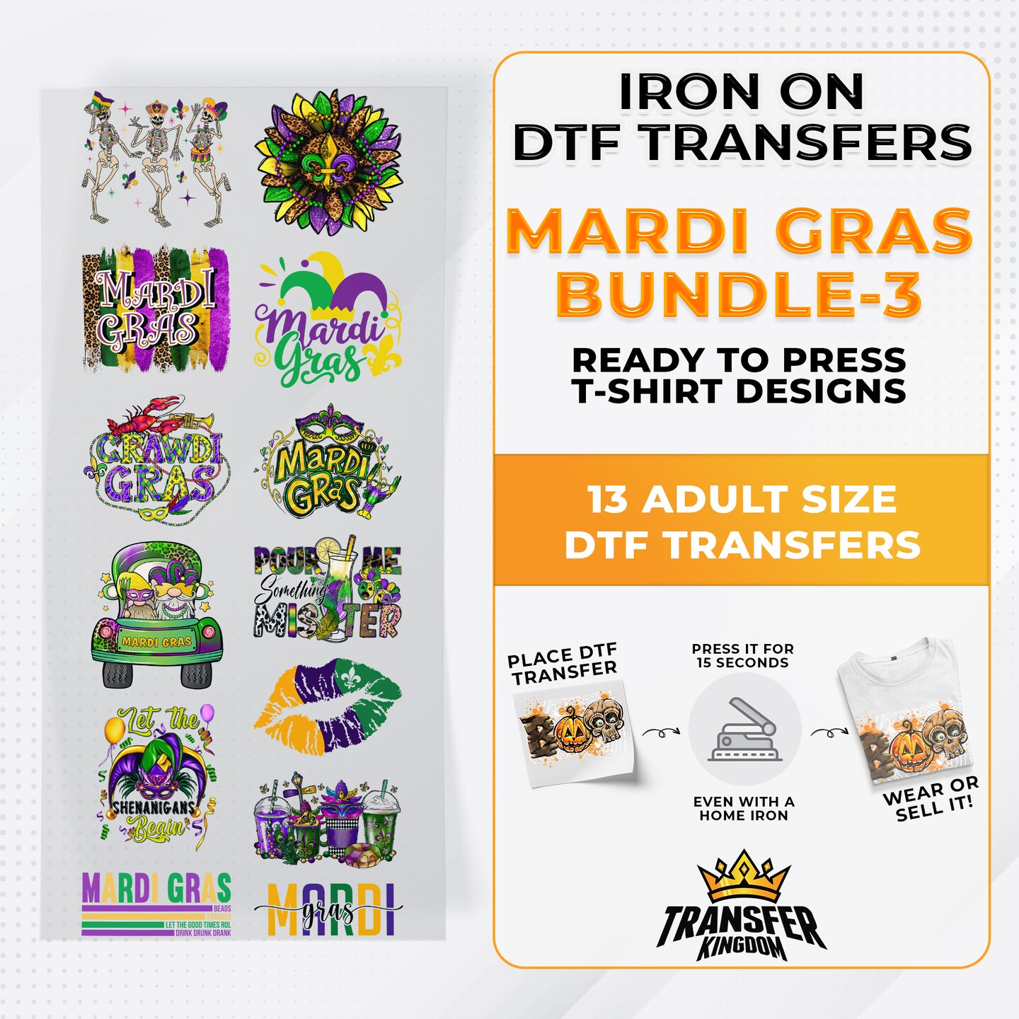 Mardi Gras Bundle Iron on DTF Transfer Bundle 3 - 13 Best Seller Ready ...