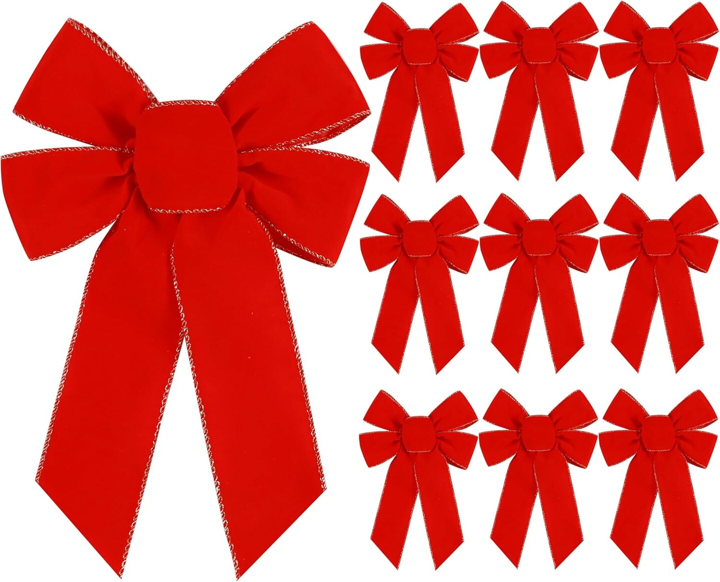 10 Pcs Red Bows Christmas Tree Decorations,9&#x201D;x13&#x201D; Large Velvet Wreath Bow with Glitter Gold Edge for Xmas Home Fence Stairs Railing Fireplace Indoor Outdoor Front Door Decor