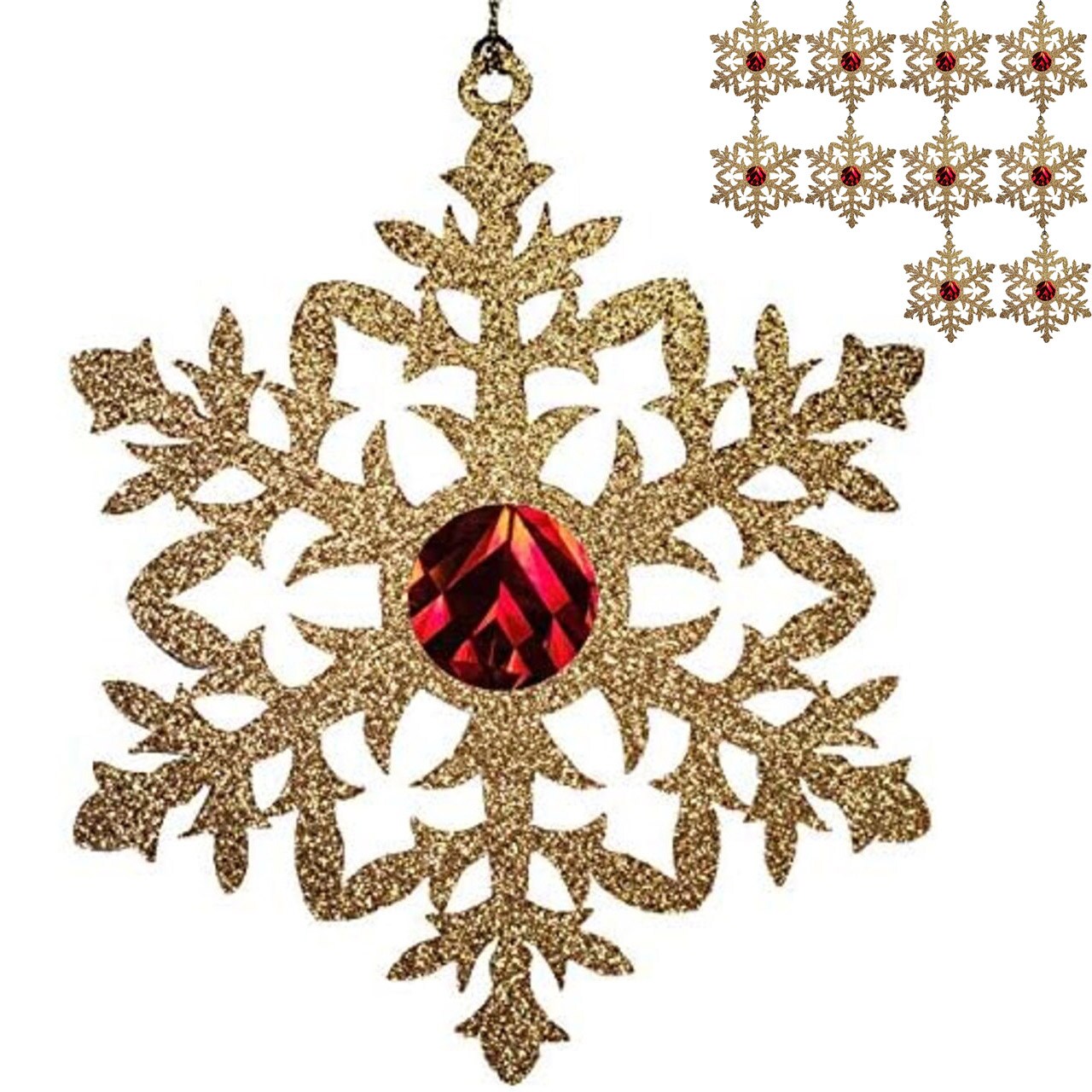 Snowflake Christmas Tree Ornaments Glitter Gold & Red (10 ct.) 5.5" Diameter, Cardstock