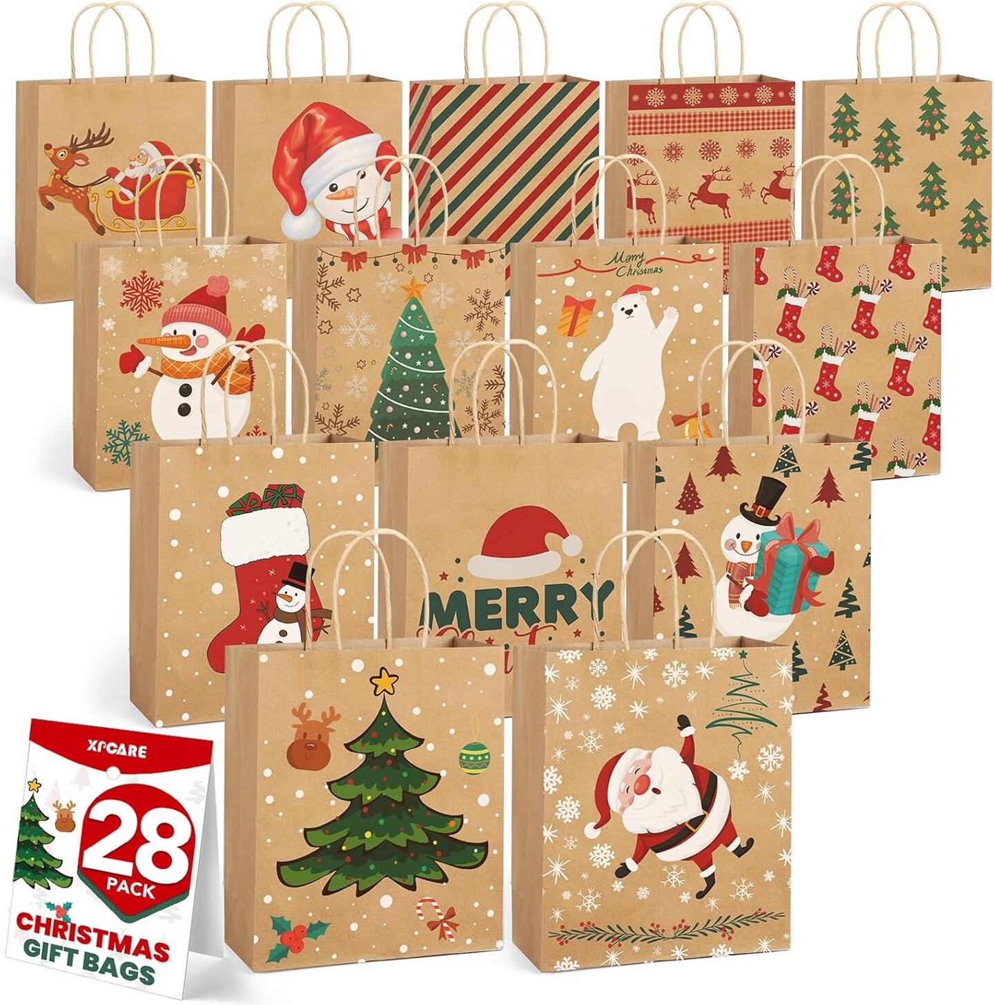 28 Pack Christmas Kraft Gift Bags with Handles, 9x7.5x3.5 Christmas Gift Bags, Christmas Goody Bags for Christmas Holidays Party Favors and Presents