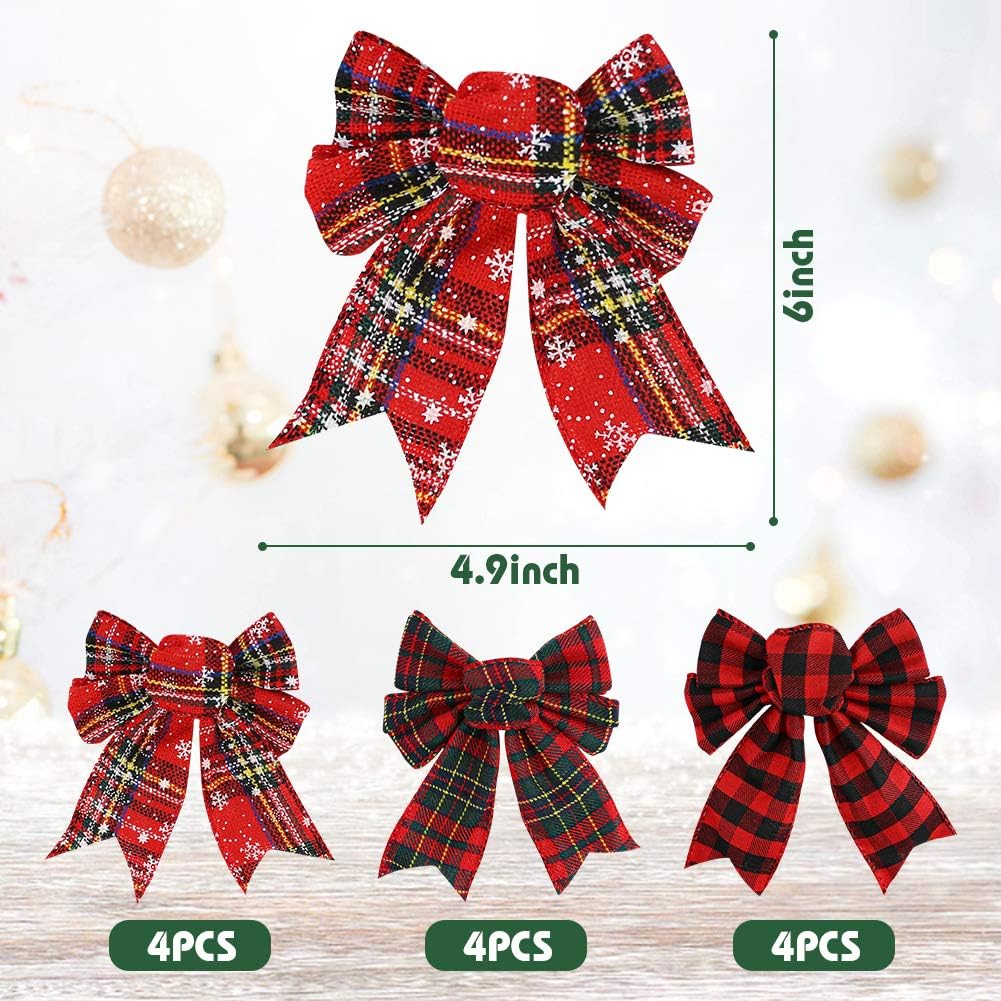 Red Buffalo Plaid Bows 12PCS Christmas Tree Bows Christmas Wreath Bow for Christmas Outdoor Decorations