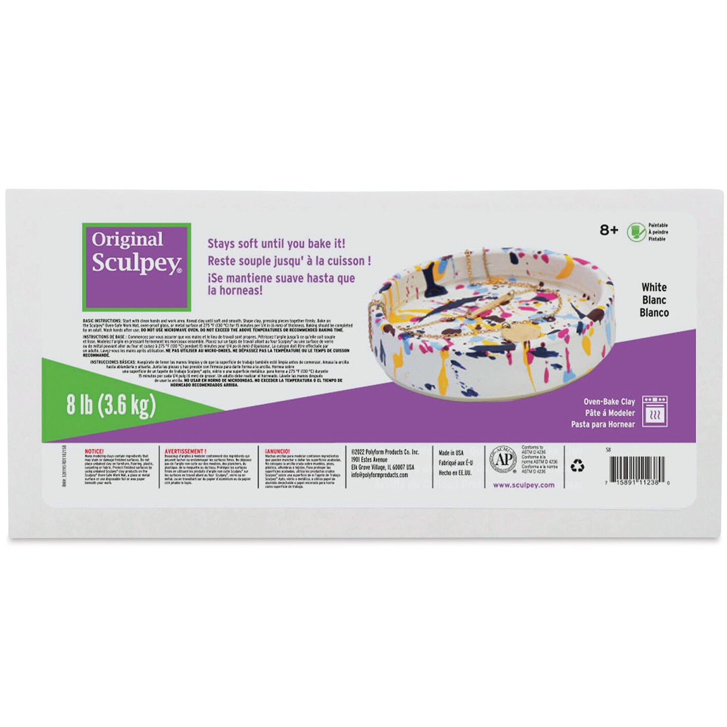 Sculpey: Original Sculpey Clay: White - 8 lb - Polymer Oven Bake Clay, Non-Toxic, Sculpting, Bake-Sand-Drill-Paint, Adults Kids, Art &#x26; Craft Supplies
