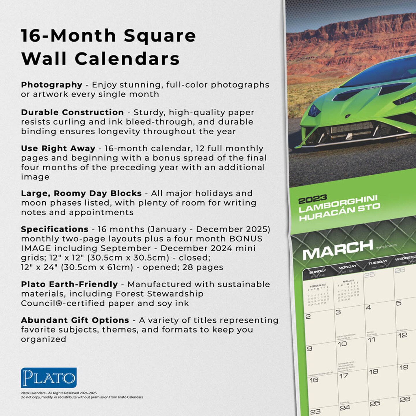 Supercars | 2025 12 x 24 Inch Monthly Square Wall Calendar | Foil Stamped Cover | Plato | Automobiles Luxury Prestige Hypercars