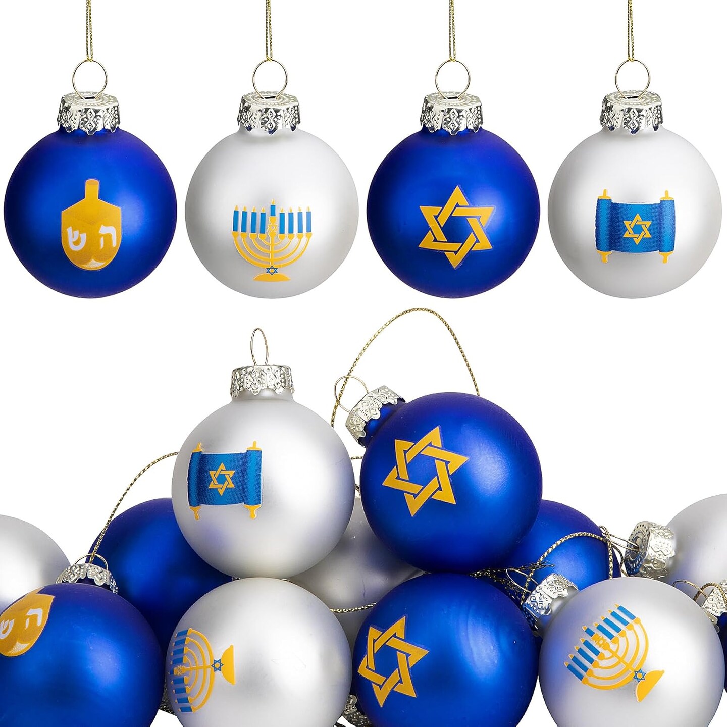12pcs Hanukkah Glass Ball Ornaments,Star of David Hanukkah Ornament Balls,White and Blue Jewish Menorah Ornaments for Tree Hanukkah Decorations (12 pcs Hanukkah Ball)