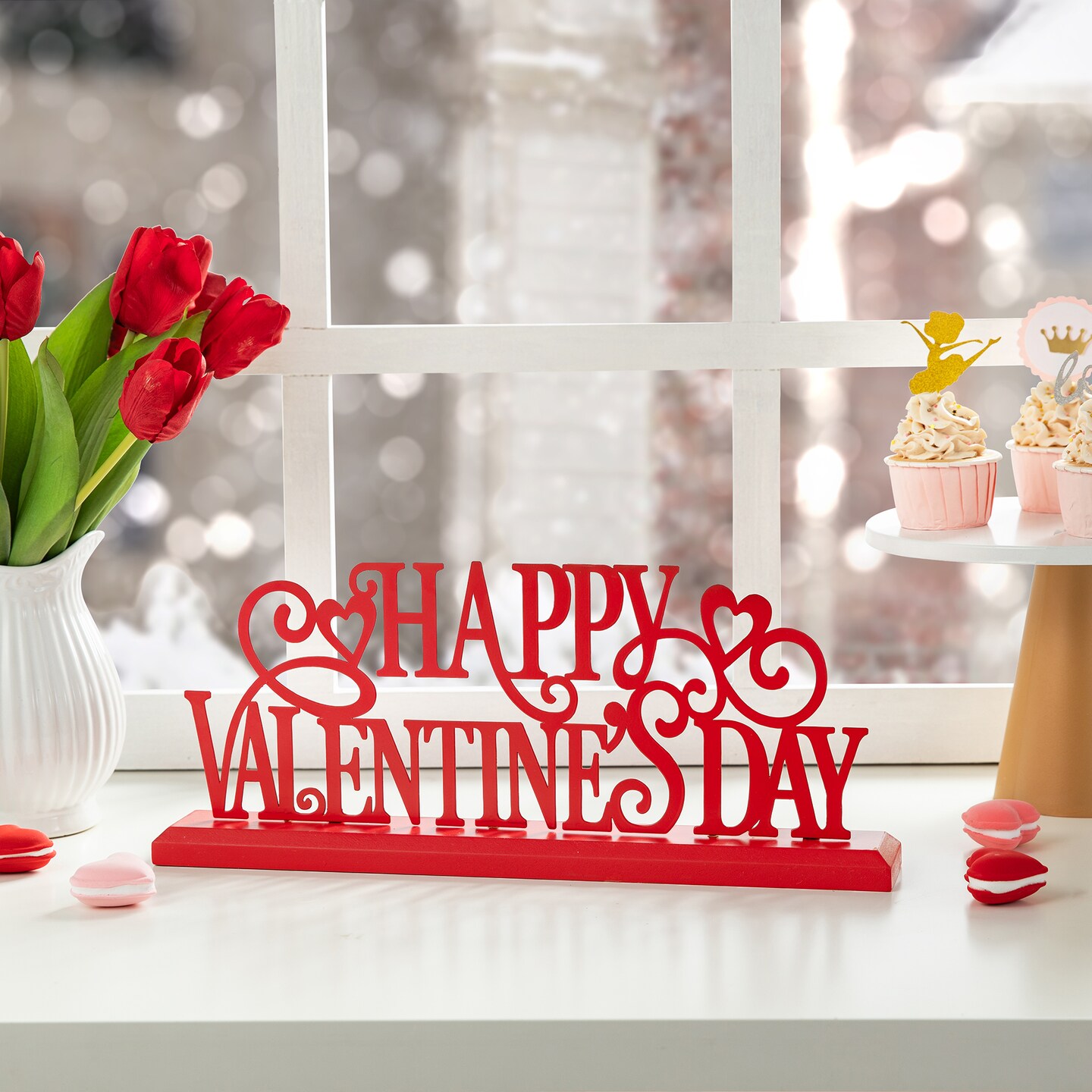 16&#x22;L Valentine&#x27;s Wooden &#x26; Metal HAPPY VALENTINE&#x27;S DAY Table Decor
