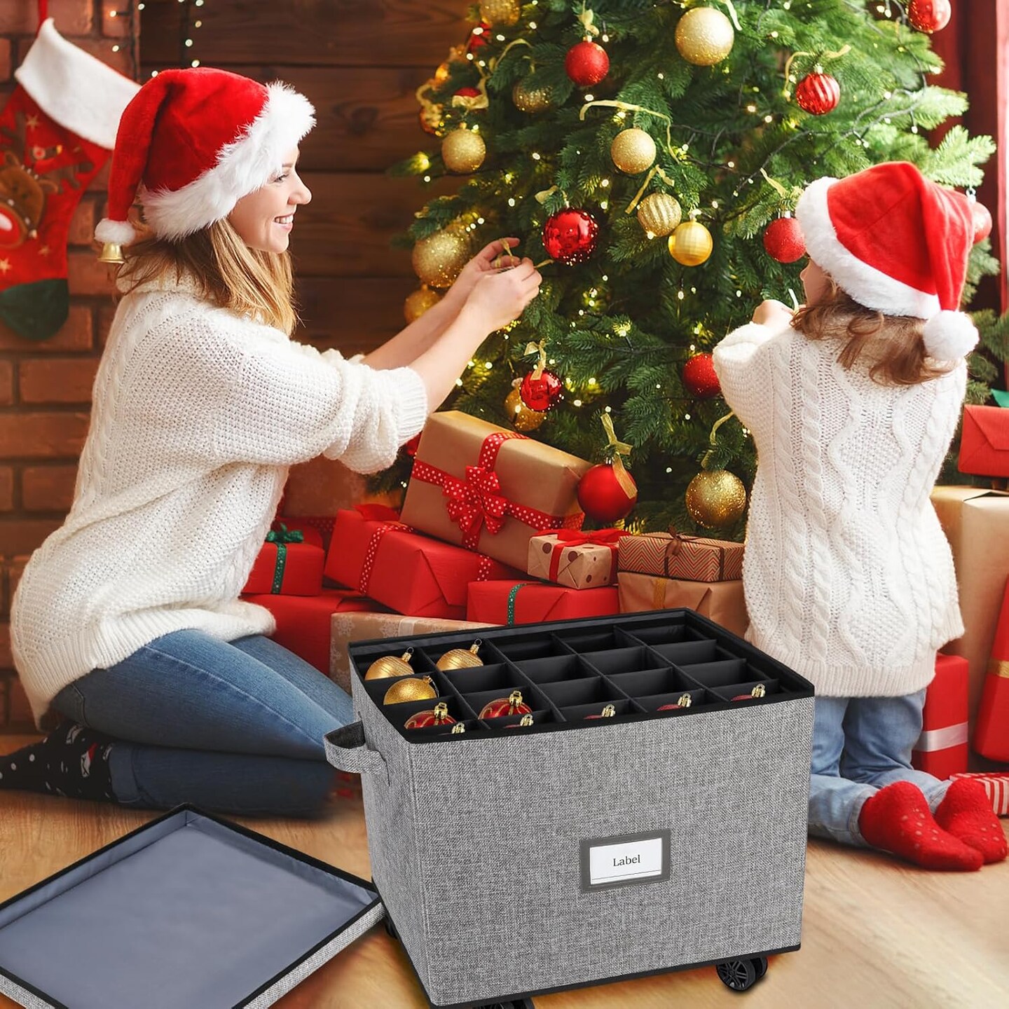 Rolling Ornament Storage Box, Holiday Ornament Organizer with 3 Individual Removable Trays, Large Capacity Christmas Ornament Box with Tow Rope and Double Handles