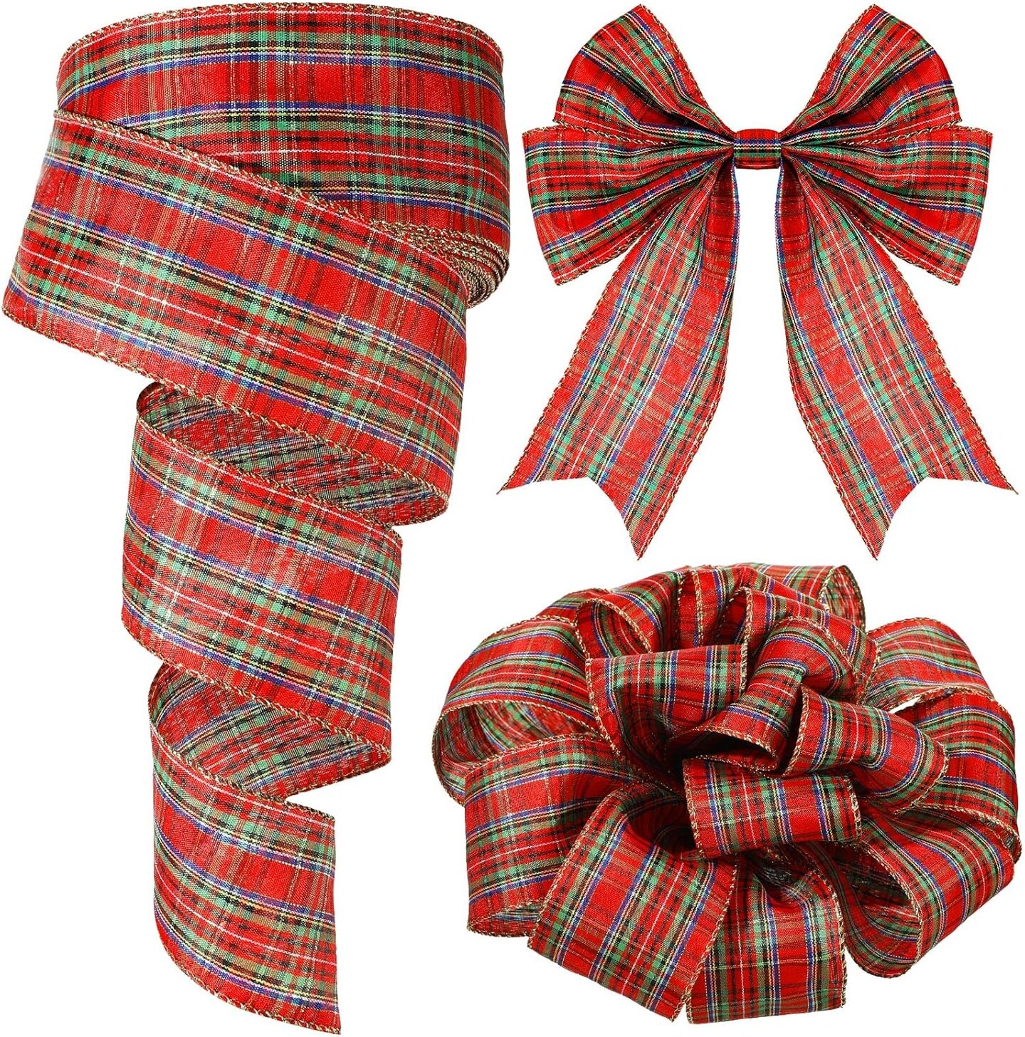 Plaid Christmas Wired Ribbon 2.5 Inches 50 Yard Traditional Red Tartan Plaid Christmas Holiday Ribbon Green Red Gold Plaid with Gold Edge for Garland Home Decor Gift Wrapping DIY Crafts